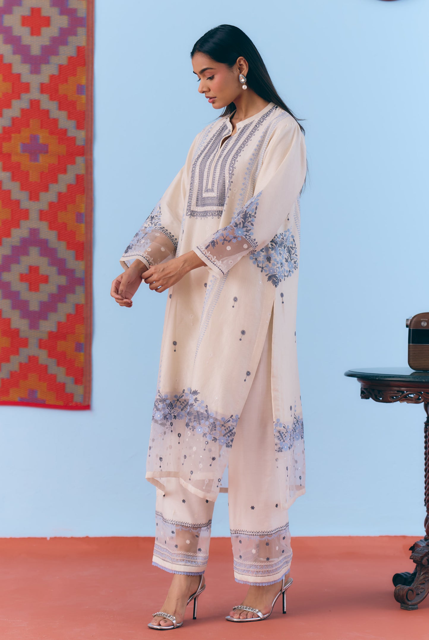 White Silk Chanderi Kurta Set with Blue Thread Embroidery