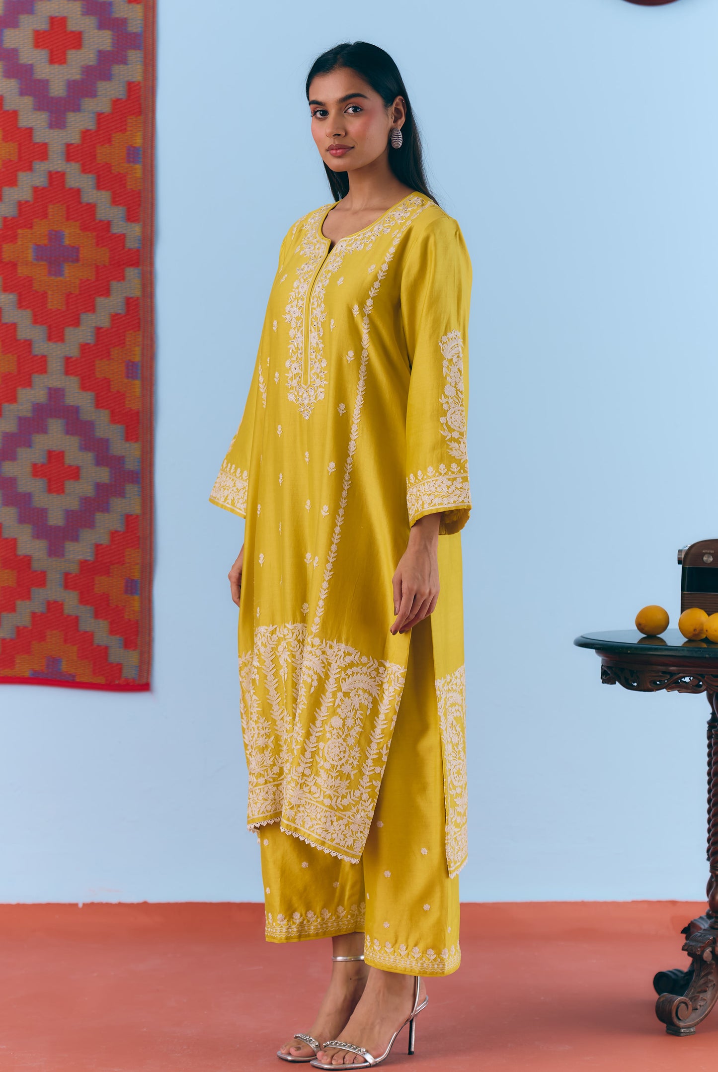 Yellow Silk Chanderi Kurta Set with White Thread & Pita Embroidery