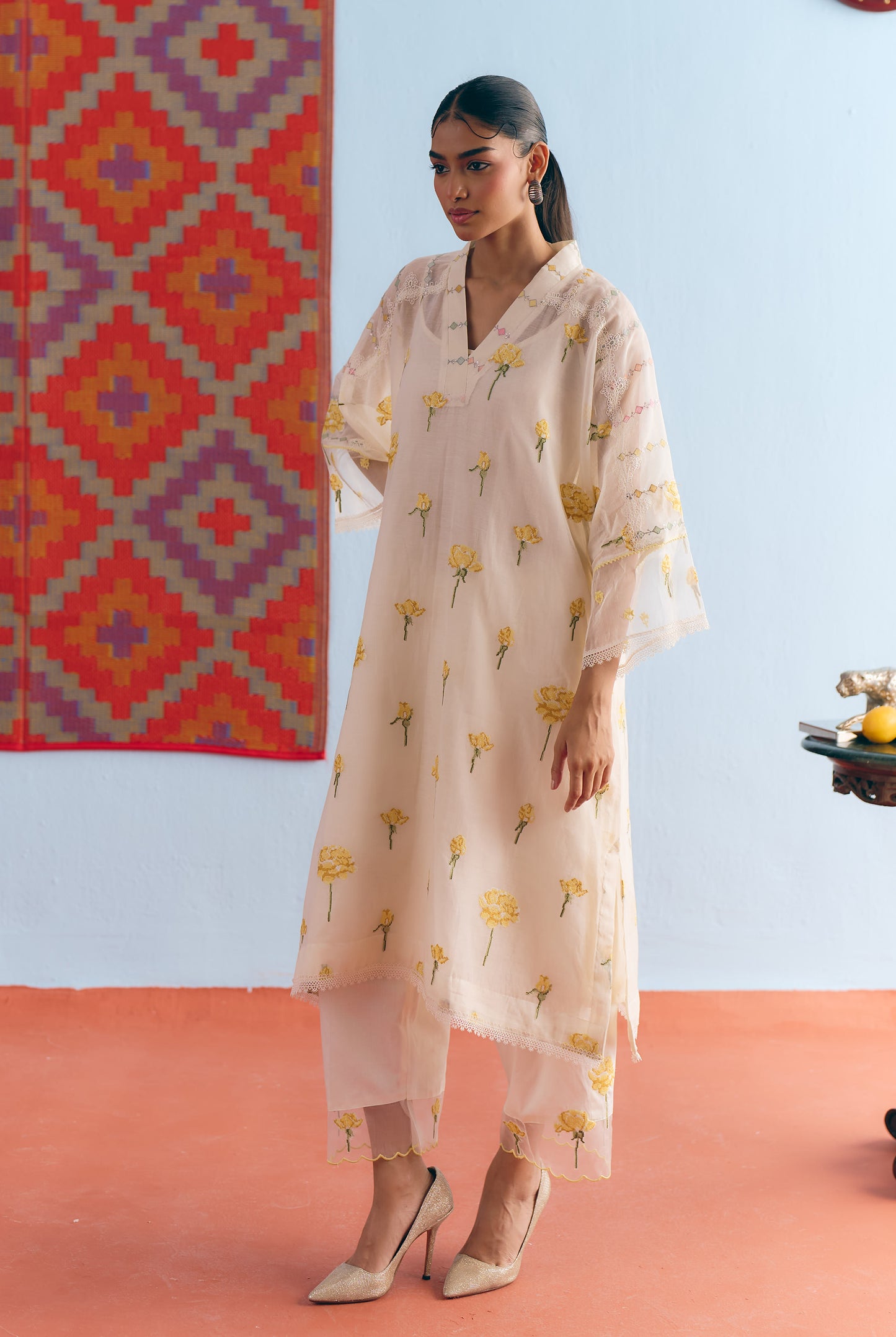 White Chanderi Antifit Co-ord with Yellow Cross Stitch Embroidery