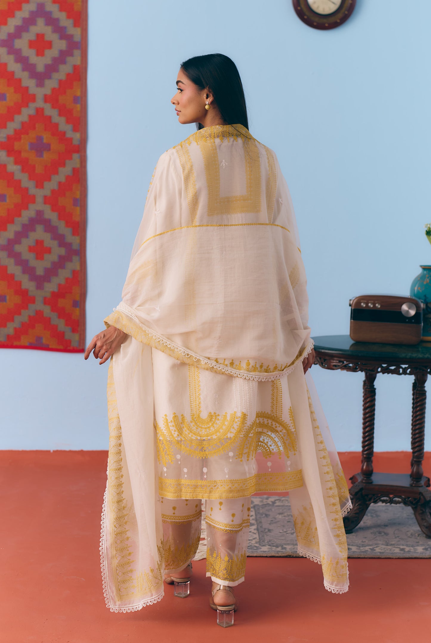 White & Lime Silk Chanderi Kurta Set with Thread Embroidery