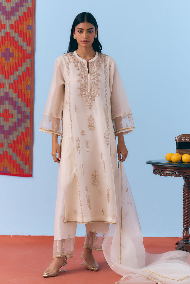 White Silk Chanderi Kurta Set with Gota, Dori & Zari Embroidery
