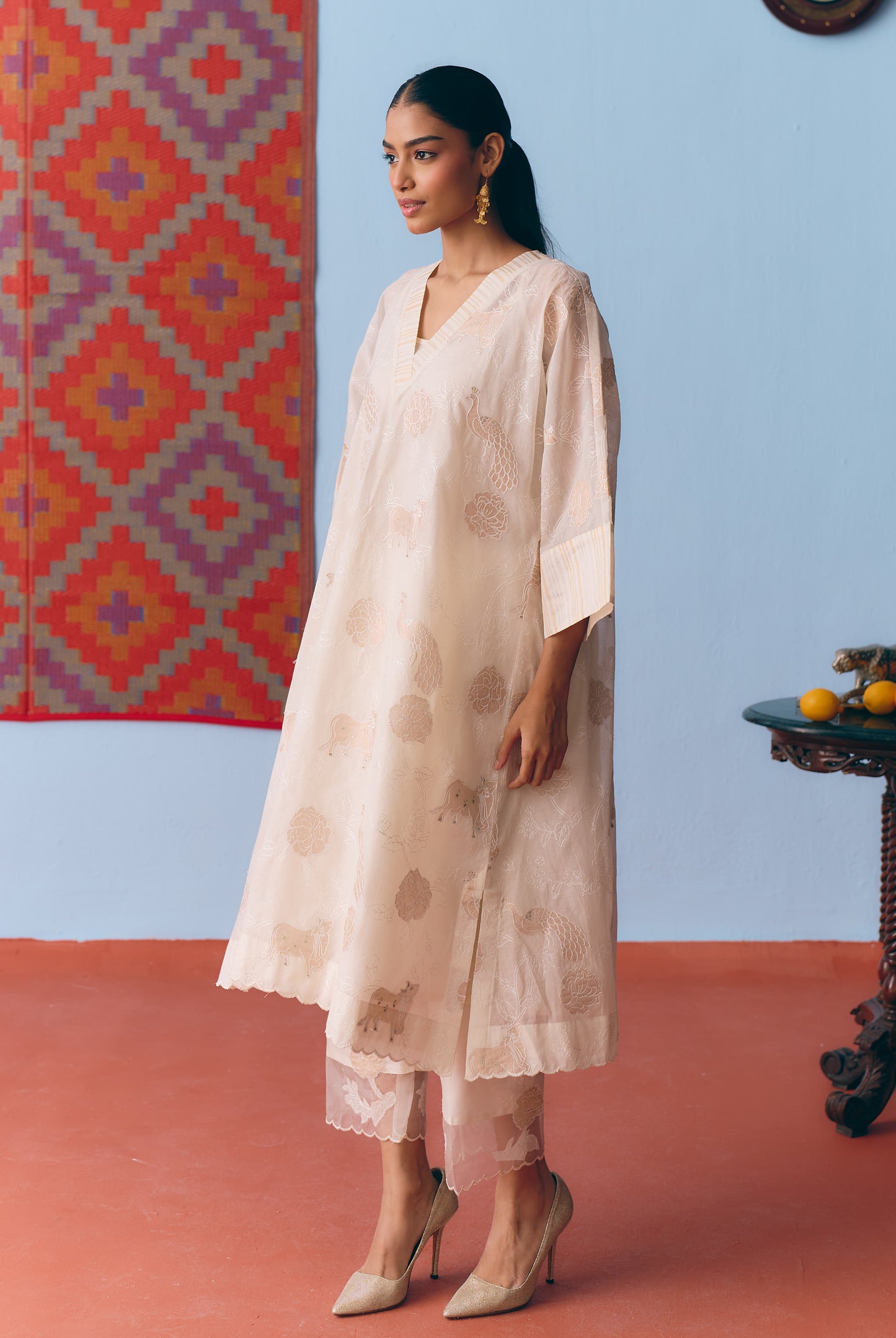 White Chanderi Antifit Co-ord with Dull Gold Tissue Appliqué