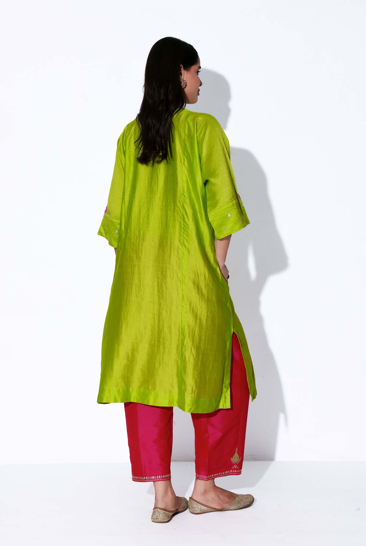 Parrot Green & Fuchsia Chiniya Silk Antifit Kurta Set