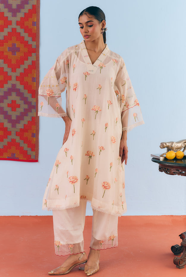 White Chanderi Antifit Co-ord with Pink Cross Stitch Embroider