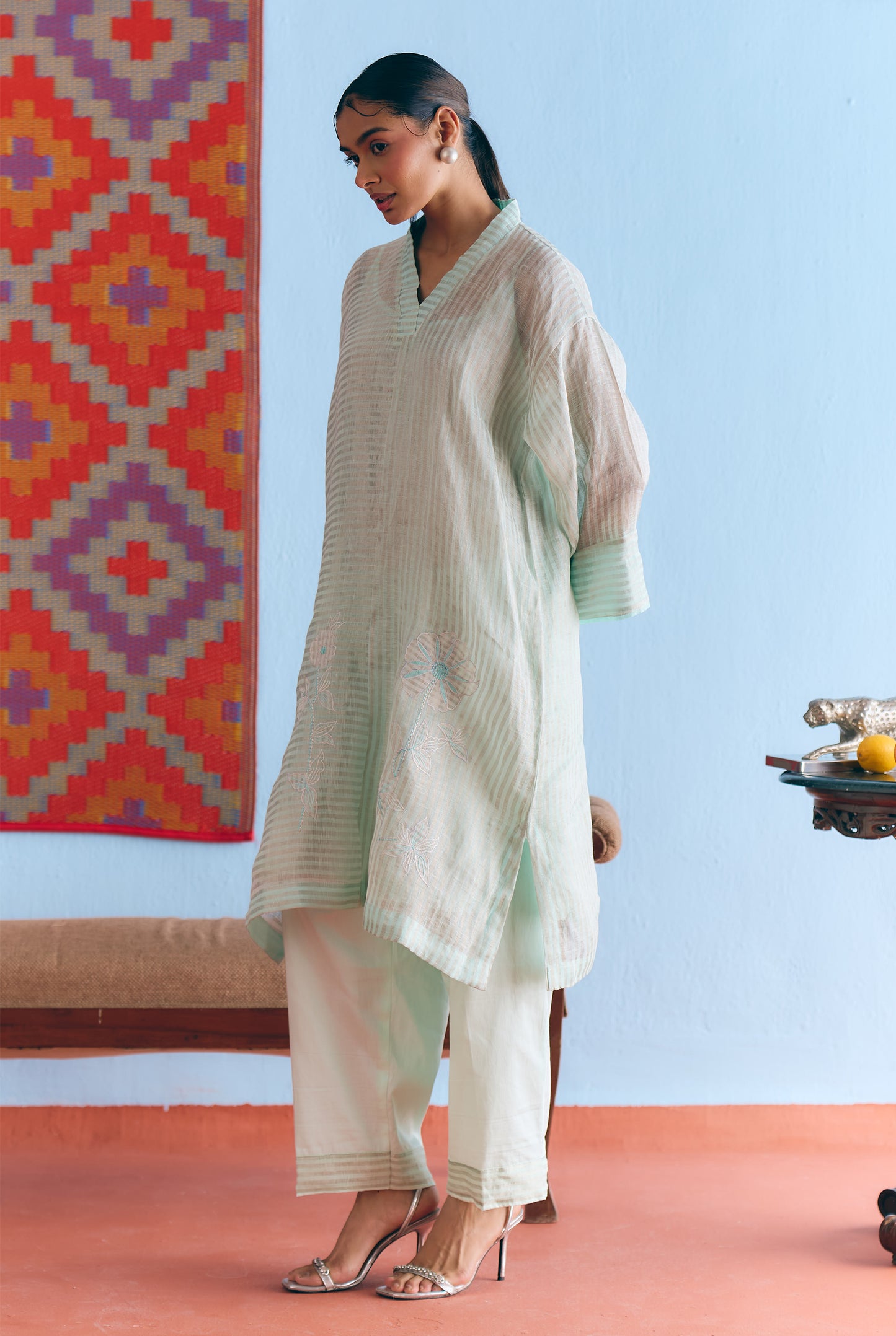 Sky Blue Handwoven Linen & Tissue Antifit Co-ord with Zari Patchwork
