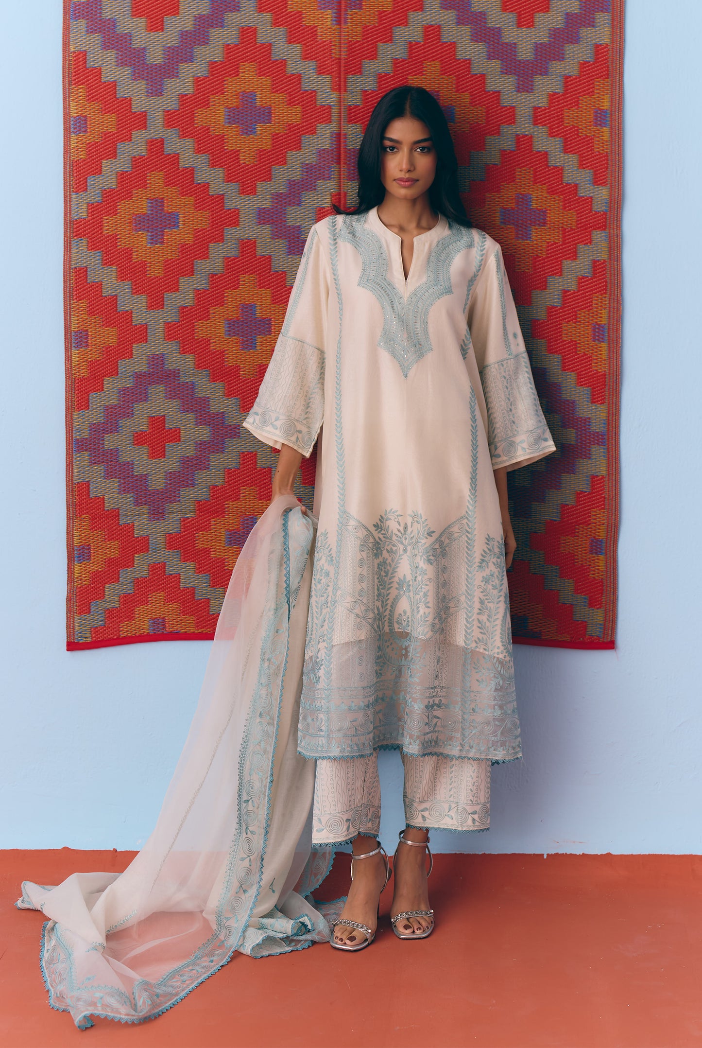 White & Light Blue Silk Chanderi Kurta Set with Thread Embroidery