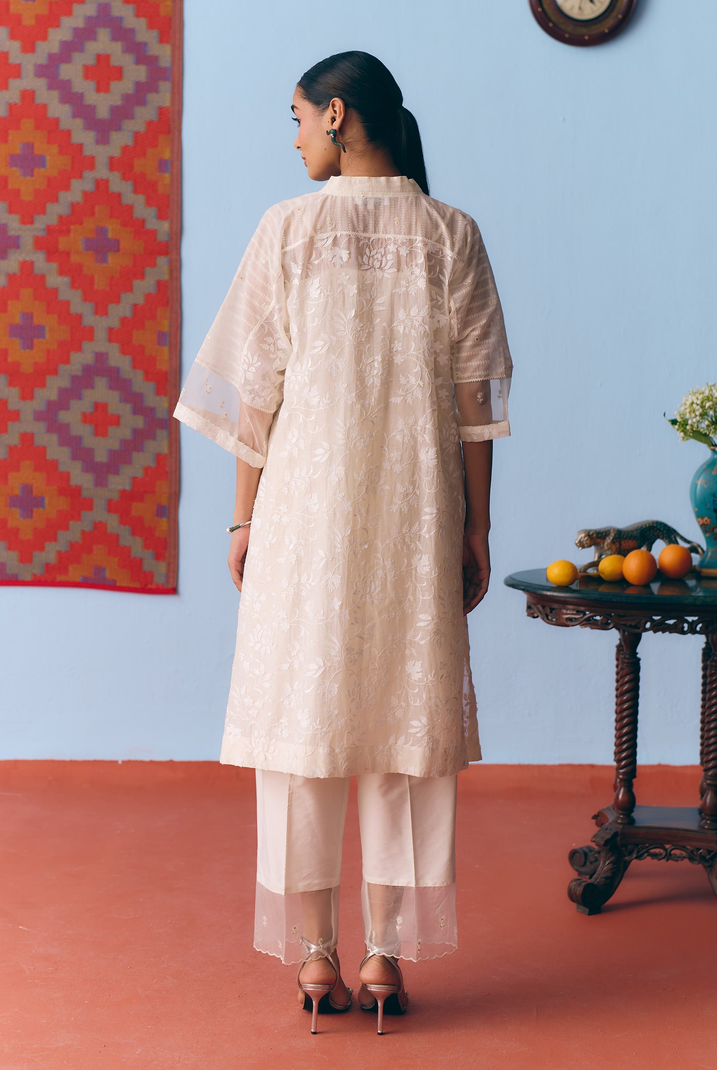 White Chanderi Antifit Co-ord with Laser Appliqué & Thread Embroidery