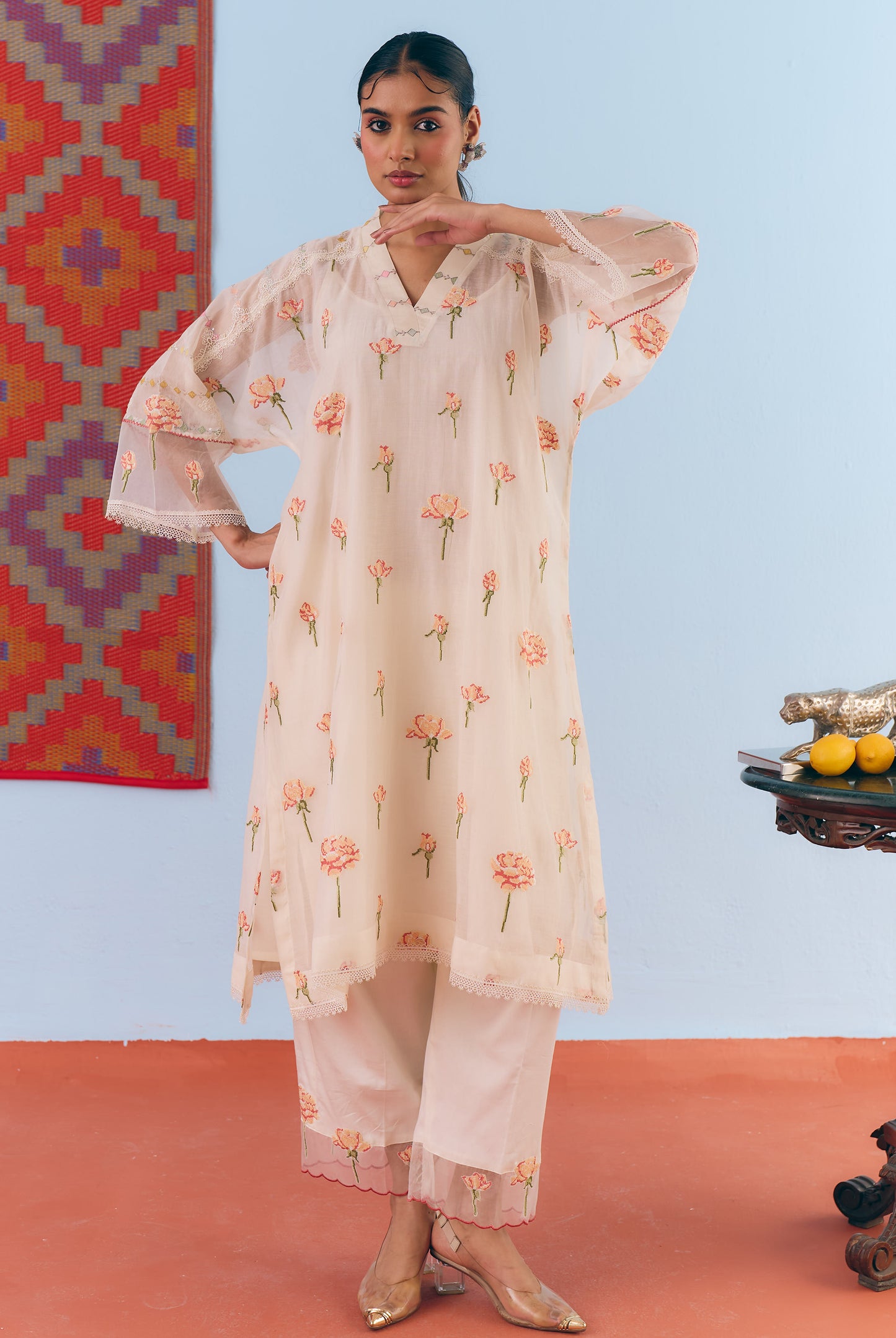 White Chanderi Antifit Co-ord with Pink Cross Stitch Embroider