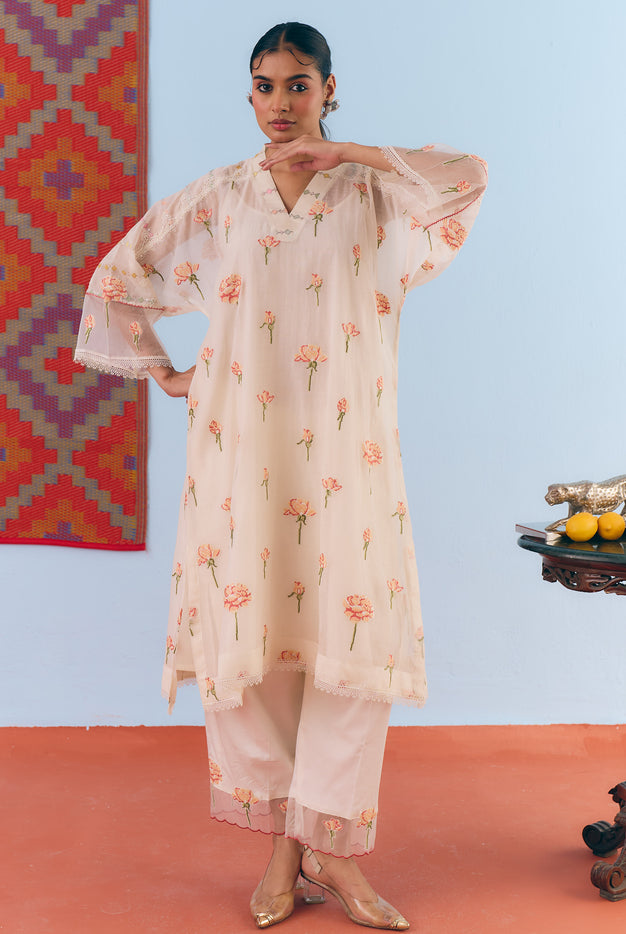 White Chanderi Antifit Co-ord with Pink Cross Stitch Embroider
