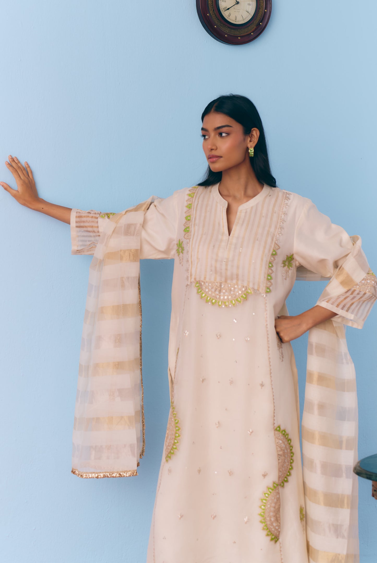 White Silk Chanderi Kurta Set with Green Appliqué & Gota Embroidery