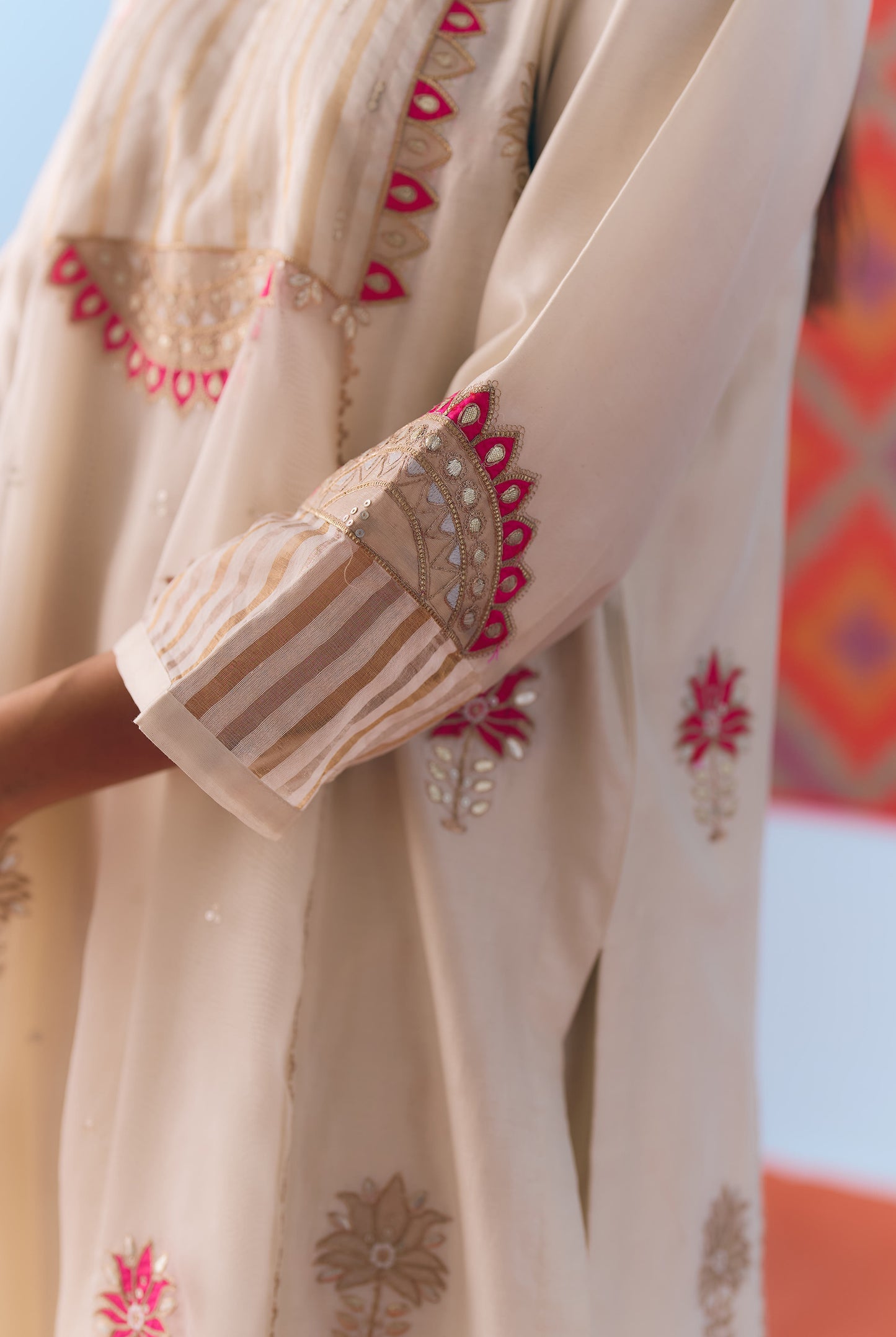 White Silk Chanderi Kurta Set with Pink Appliqué & Gota Embroidery