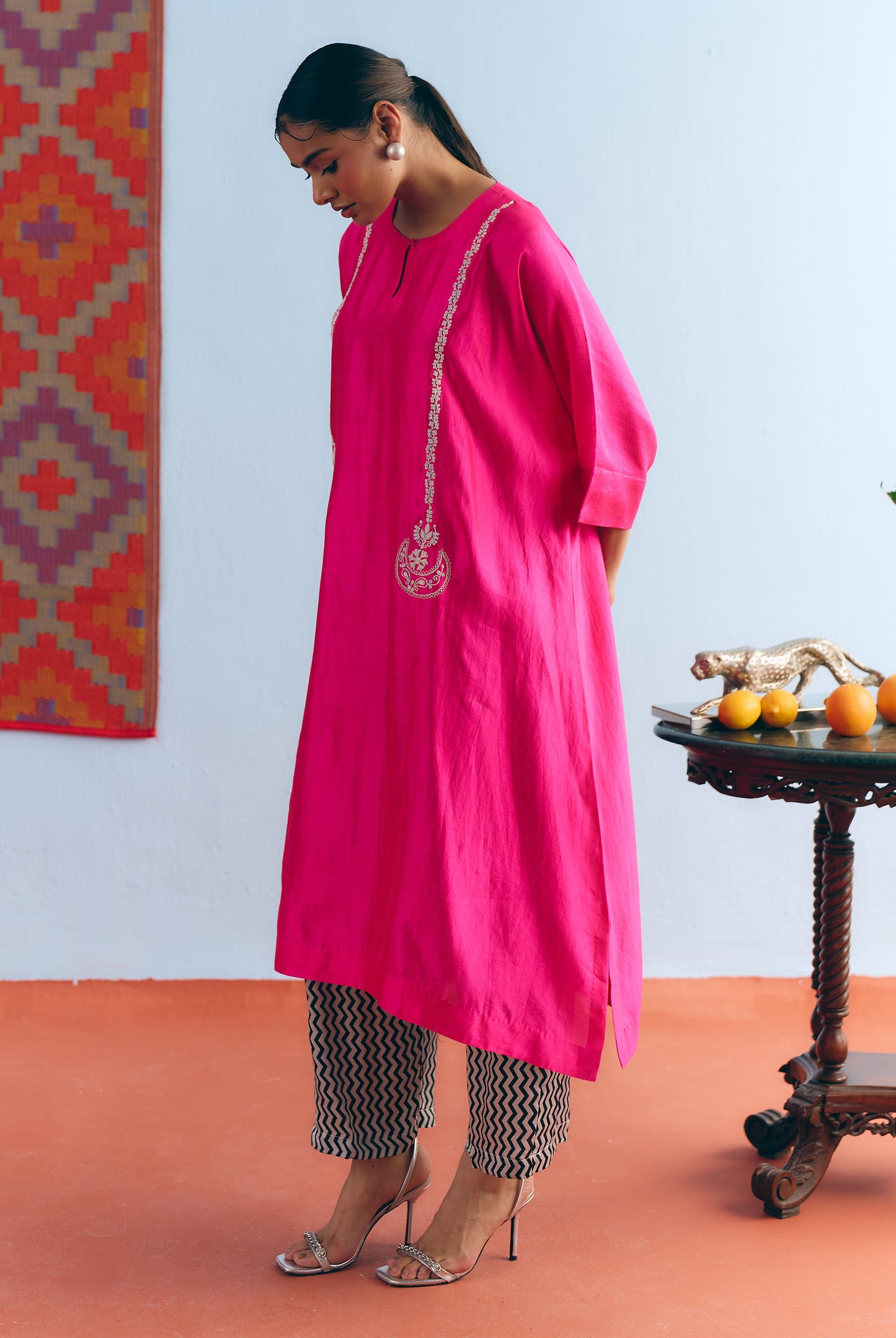 Hot Pink Chinya Silk Antifit Co-ord with Silver Zari Embroidery
