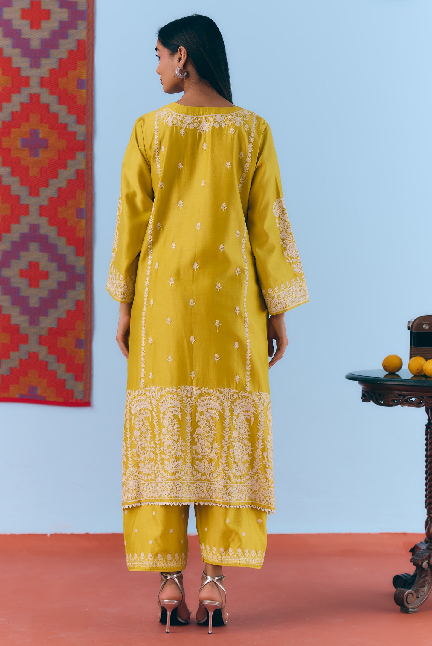 Yellow Silk Chanderi Kurta Set with White Thread & Pita Embroidery