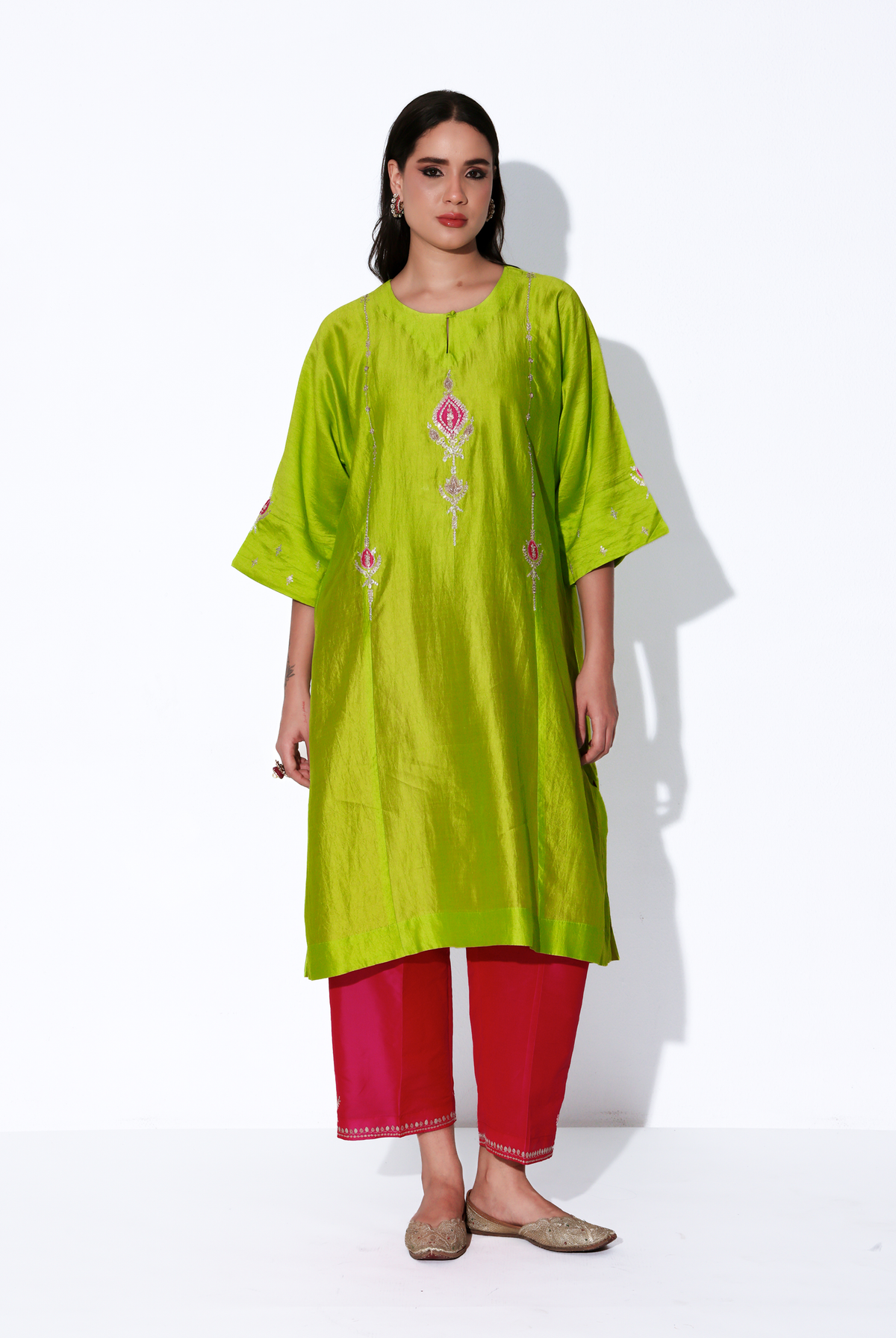 Parrot Green & Fuchsia Chiniya Silk Antifit Kurta Set