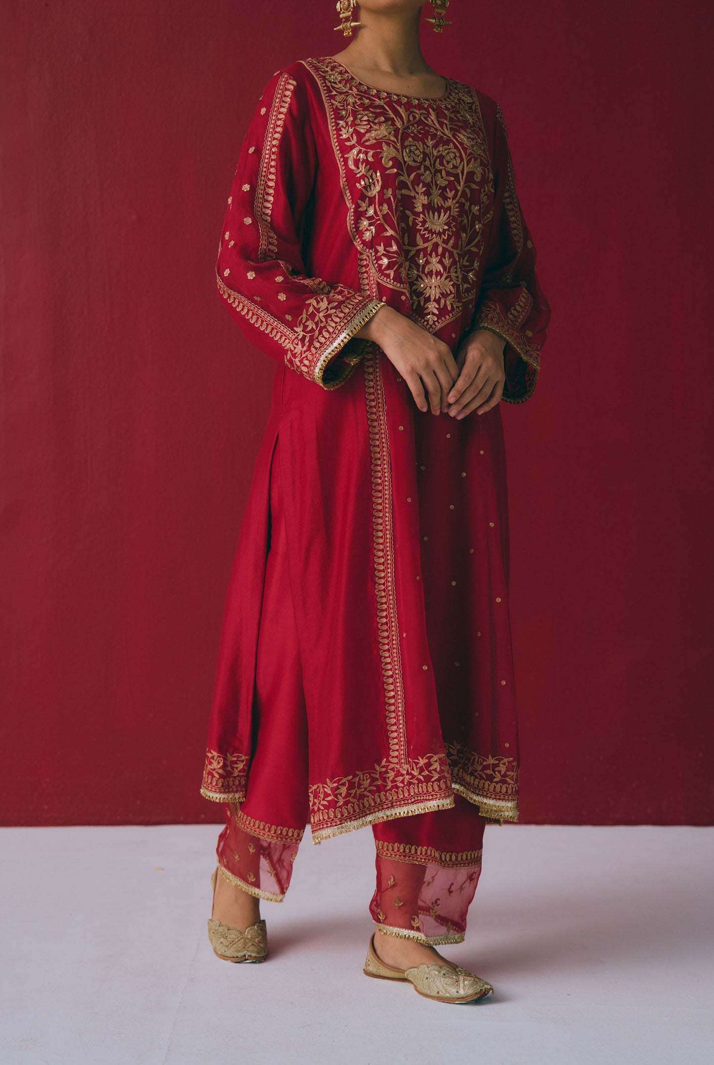 Crimson Chanderi Kurta Set with Zari & Aari Embroidery