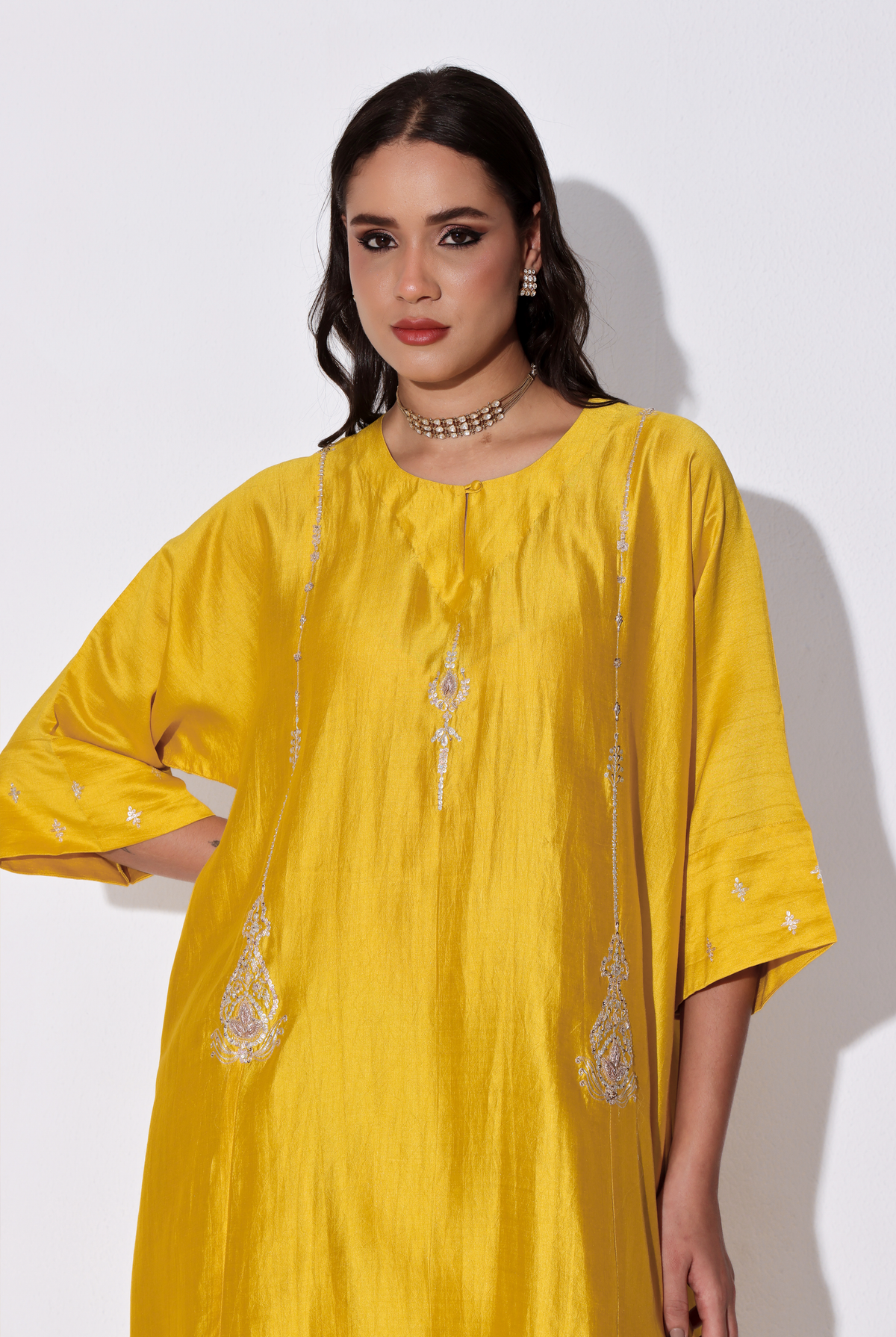 Yellow Chiniya Silk Antifit Kurta Set with Dabka & Dori Embroidery
