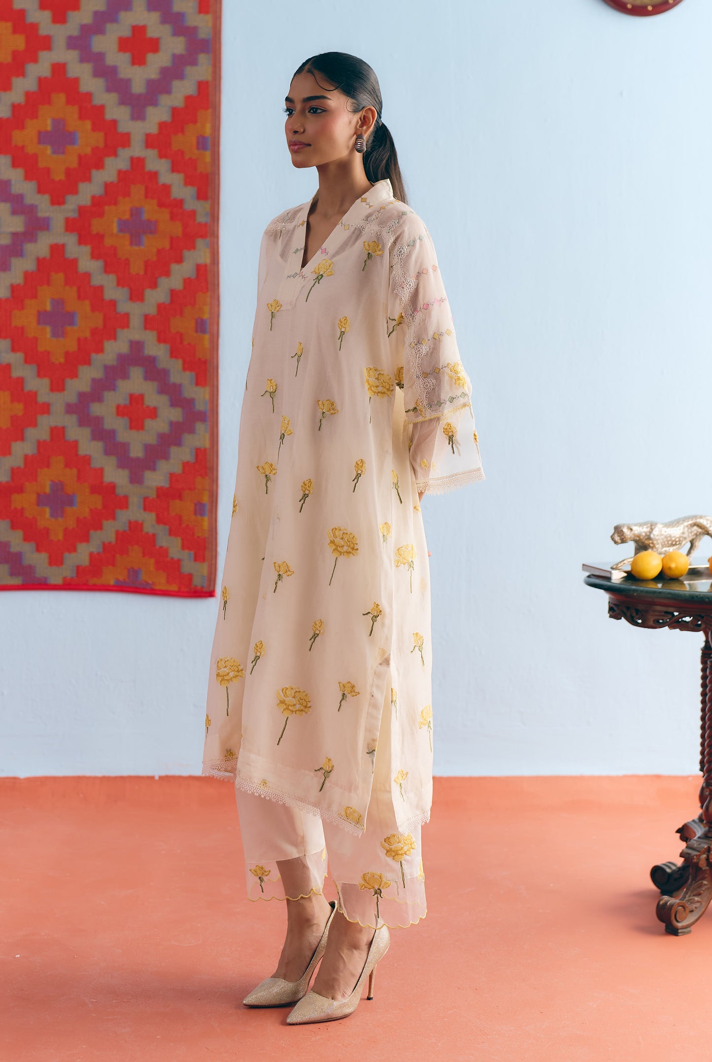 White Chanderi Antifit Co-ord with Yellow Cross Stitch Embroidery
