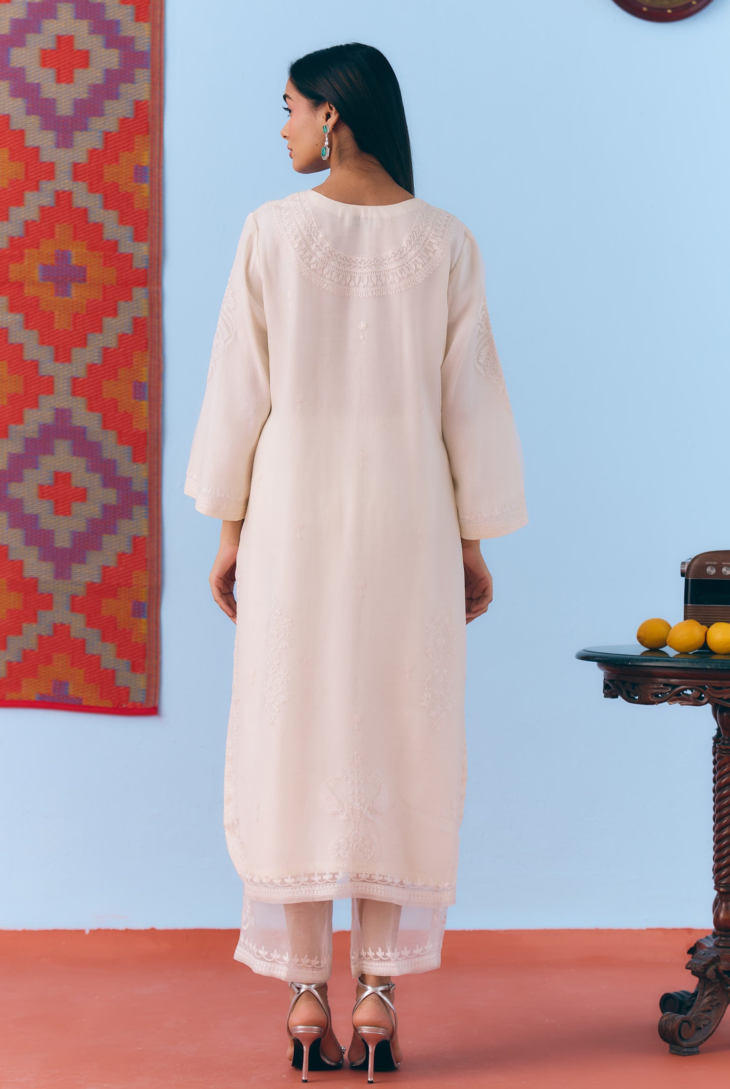 White Silk Organza Kurta Set with Thread Embroidery