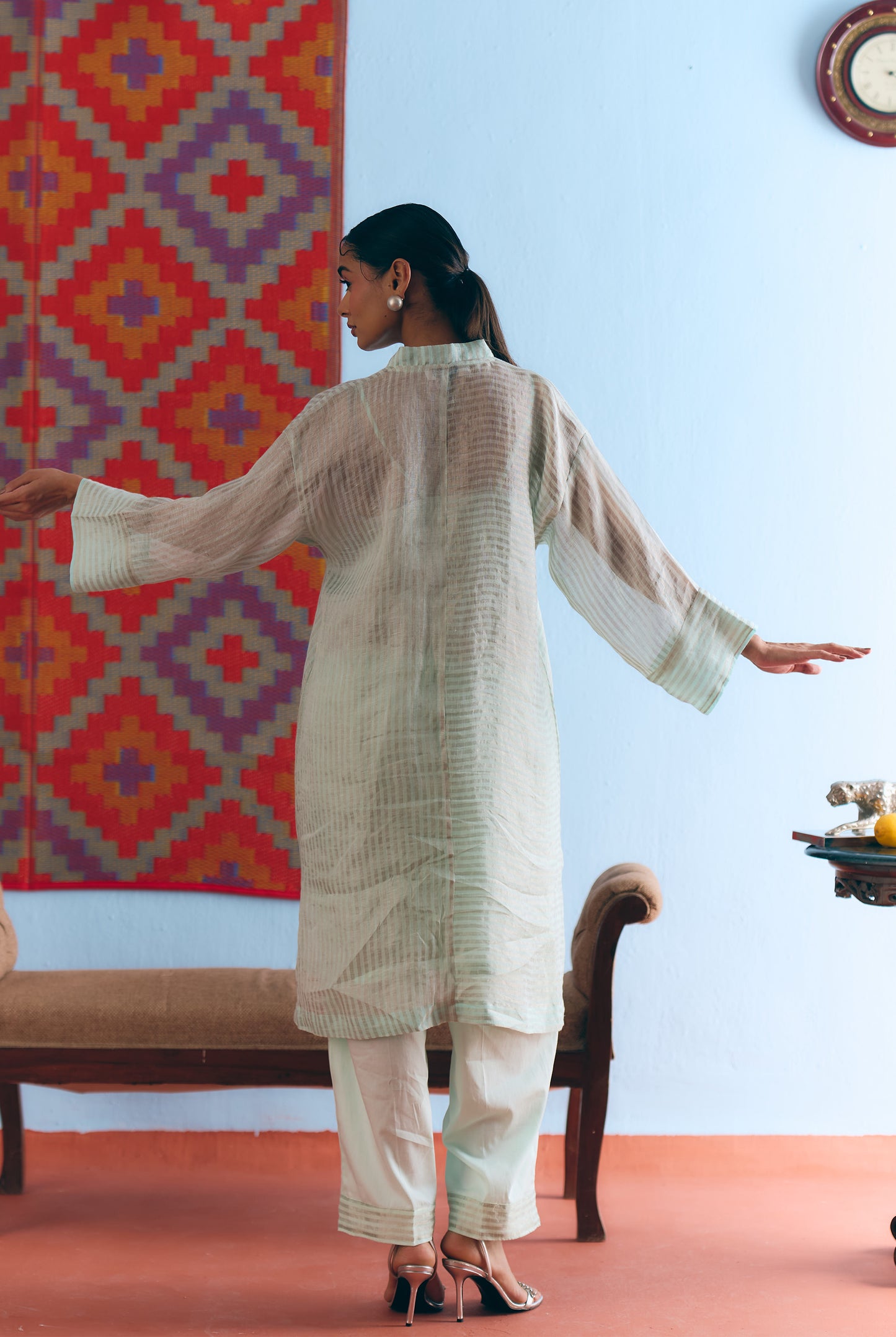 Sky Blue Handwoven Linen & Tissue Antifit Co-ord with Zari Patchwork