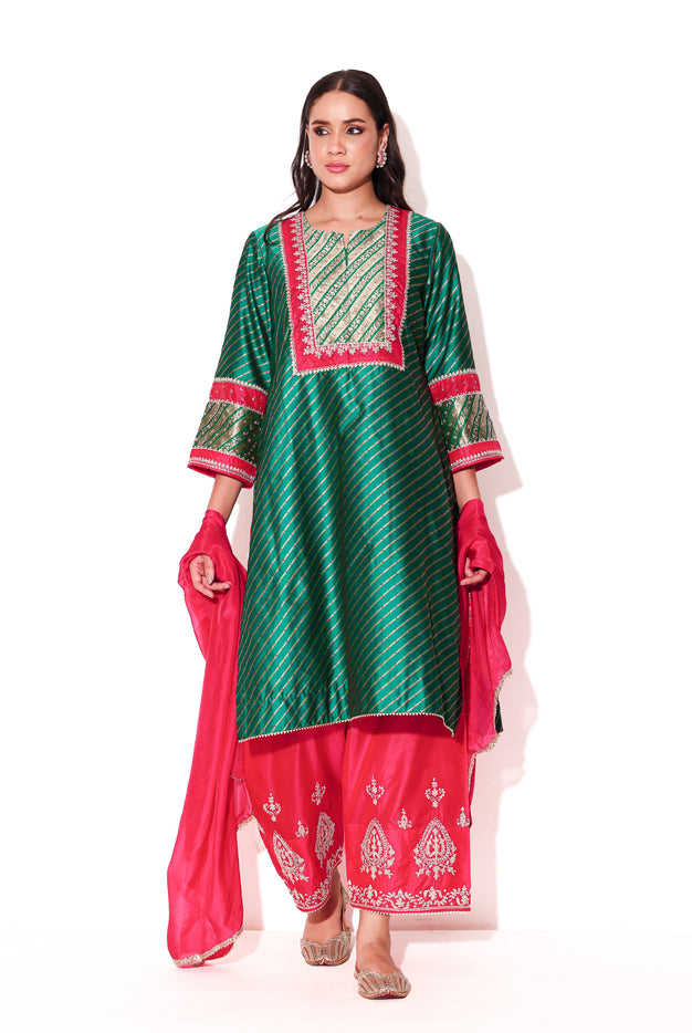 Emerald & Magenta Banarasi Silk Kurta Set