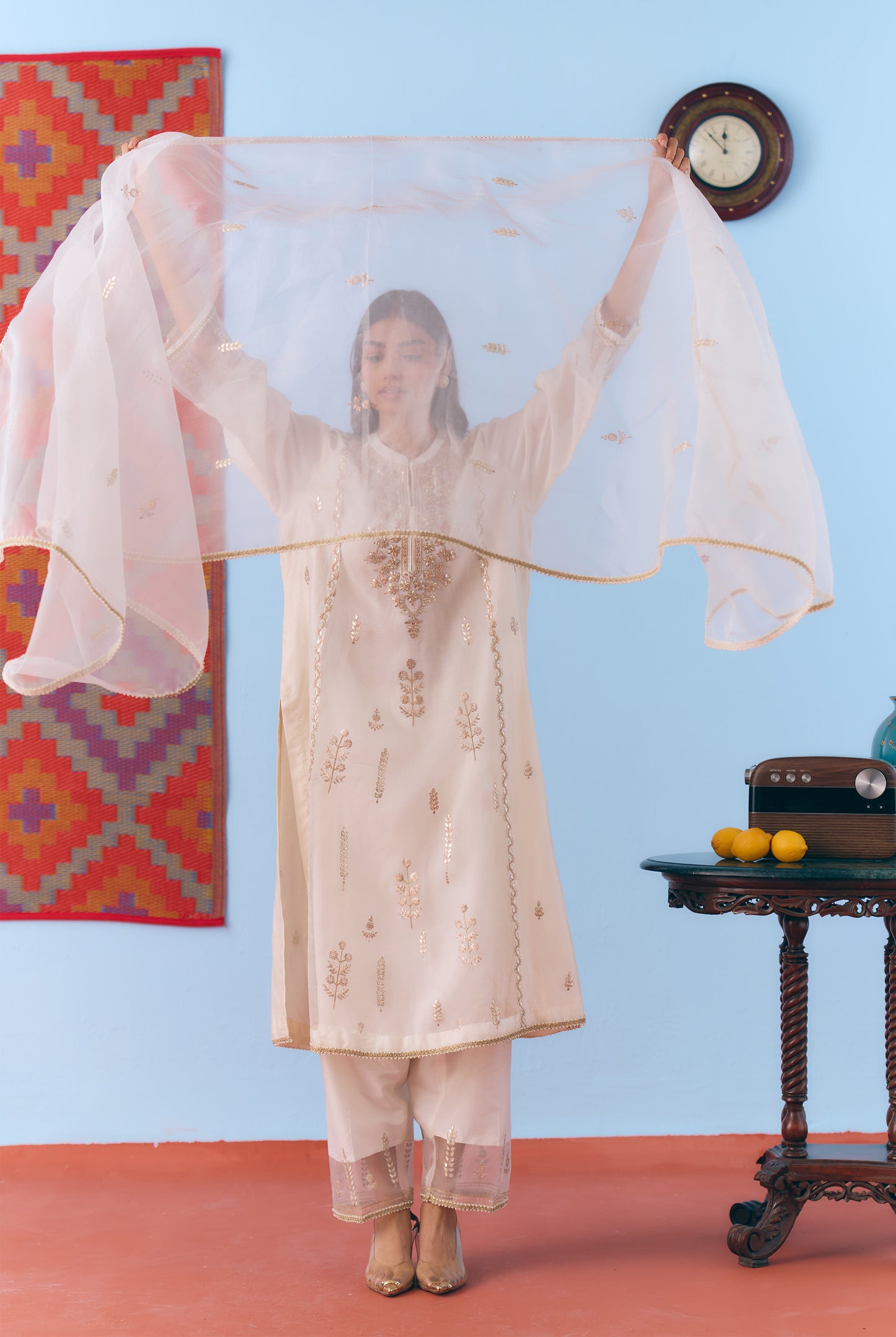 White Silk Chanderi Kurta Set with Gota, Dori & Zari Embroidery