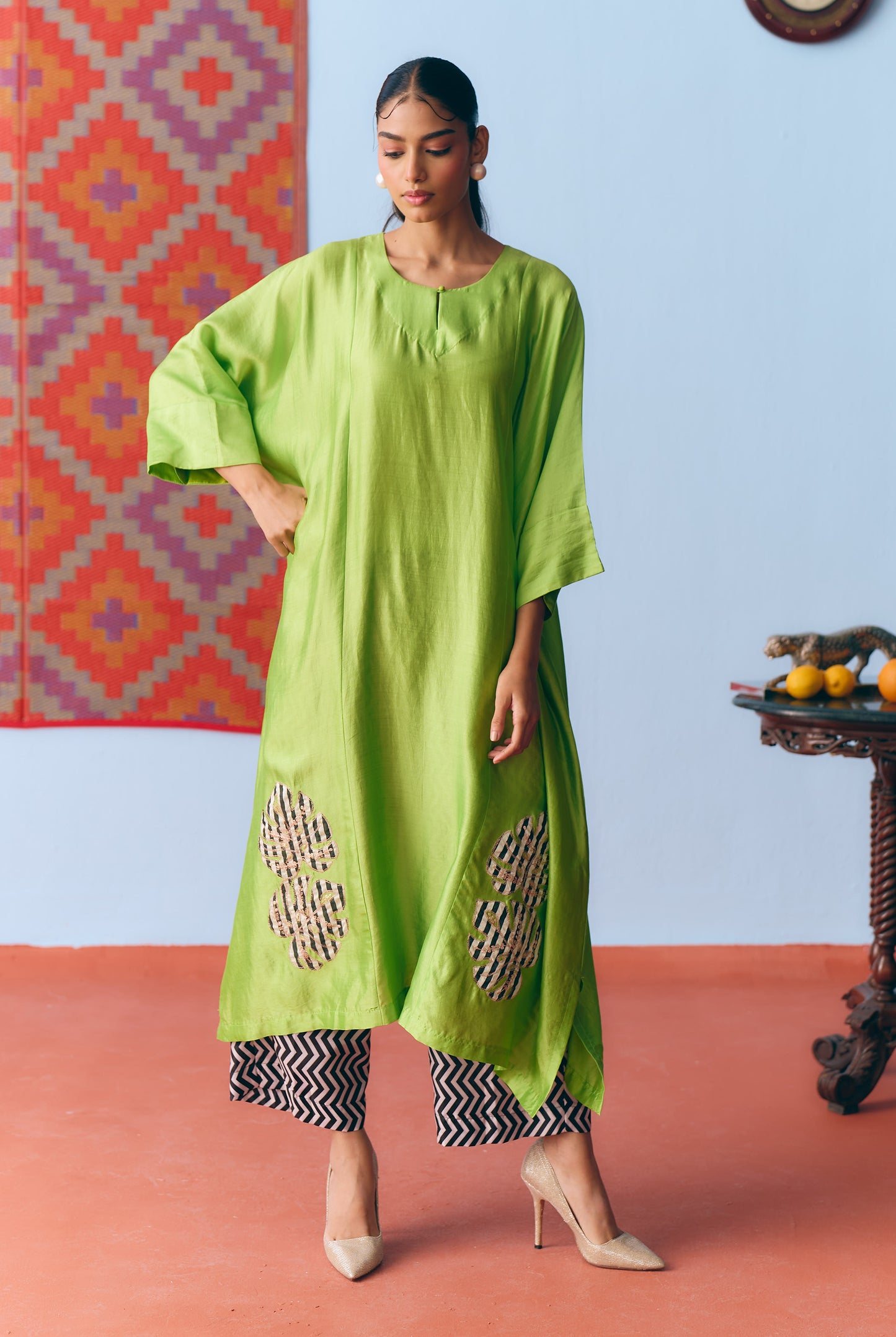 Lime Green Chinya Silk Antifit Co-ord with Zari & Chanderi Patchwork