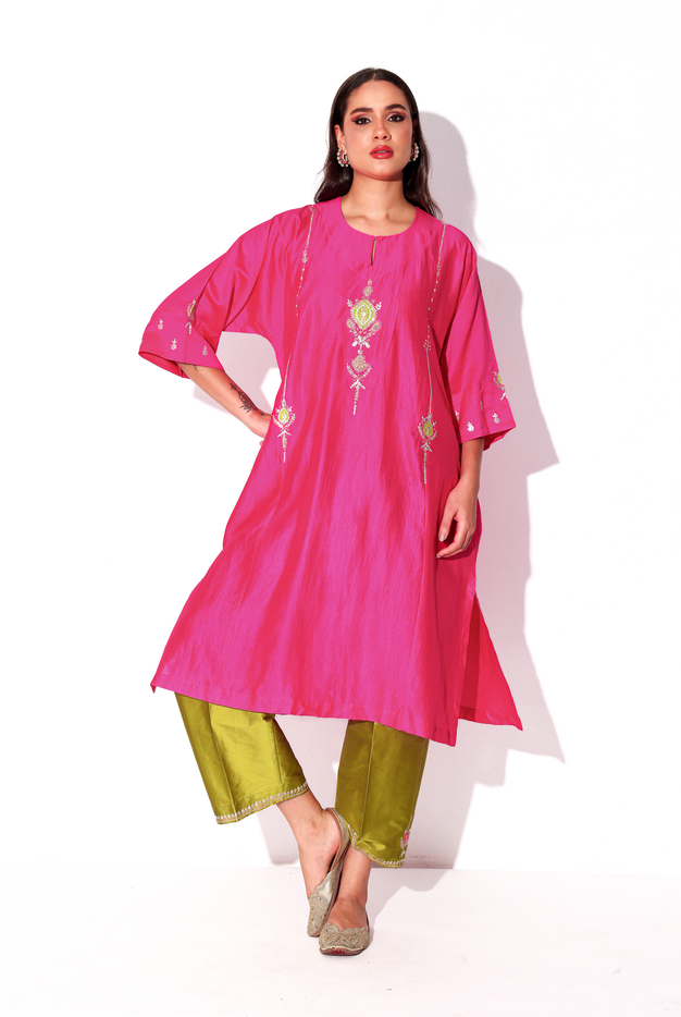 Fuchsia & Parrot Green Chiniya Silk Antifit Kurta Set