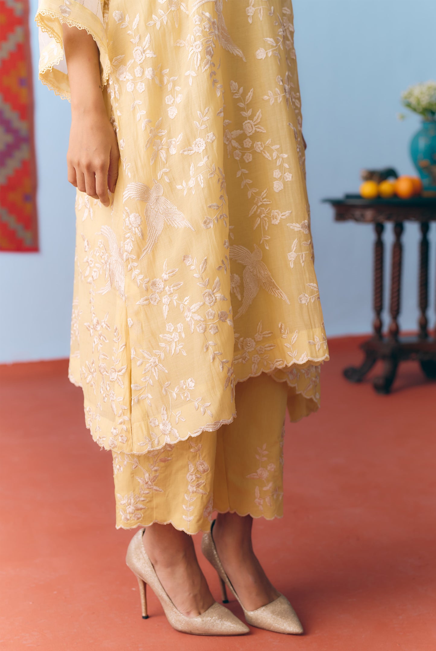 Lime Yellow Chanderi Antifit Co-ord with White Thread & Gota Embroidery