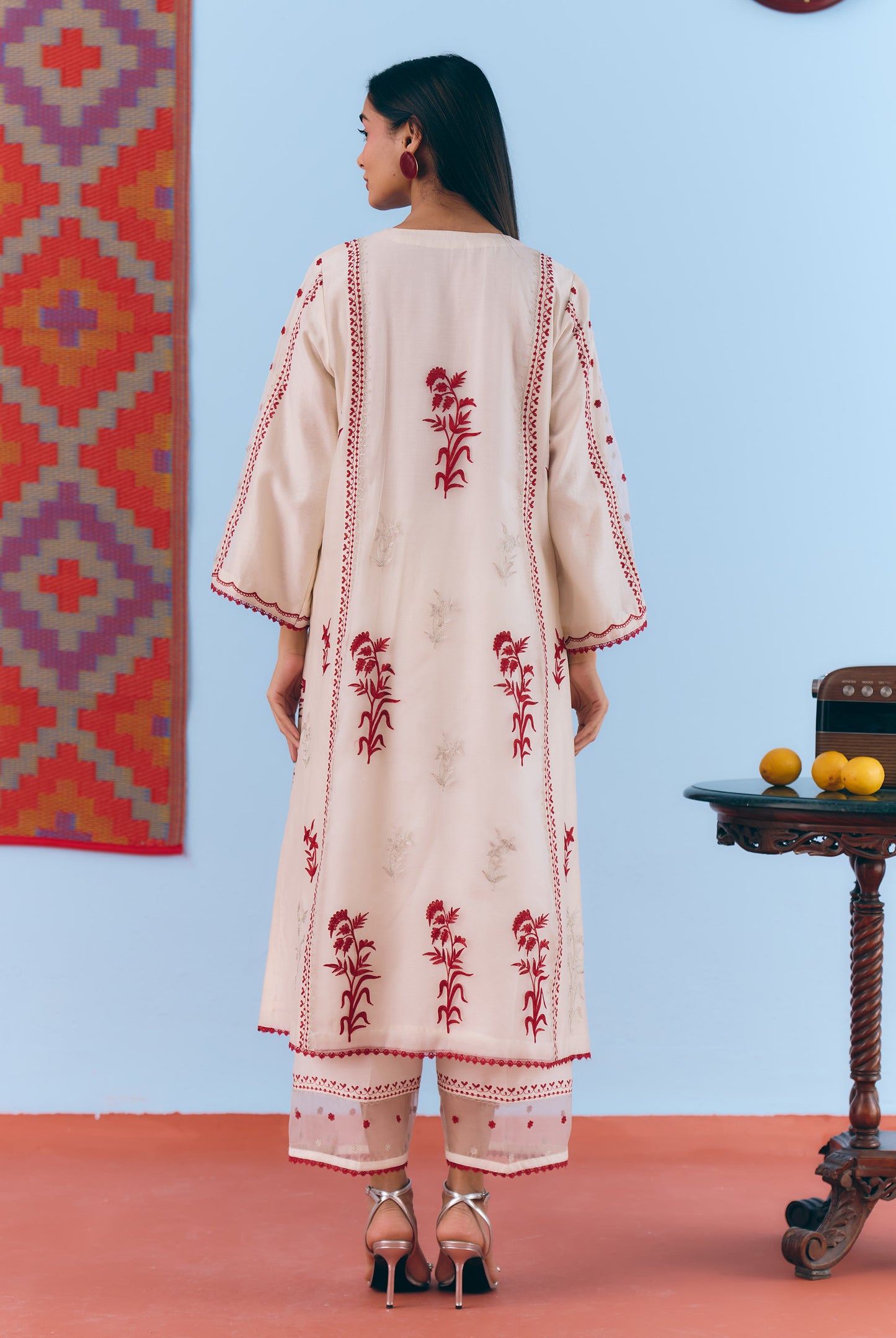 White Silk Chanderi Kurta Set with Deep Red & Silver Zari Embroidery