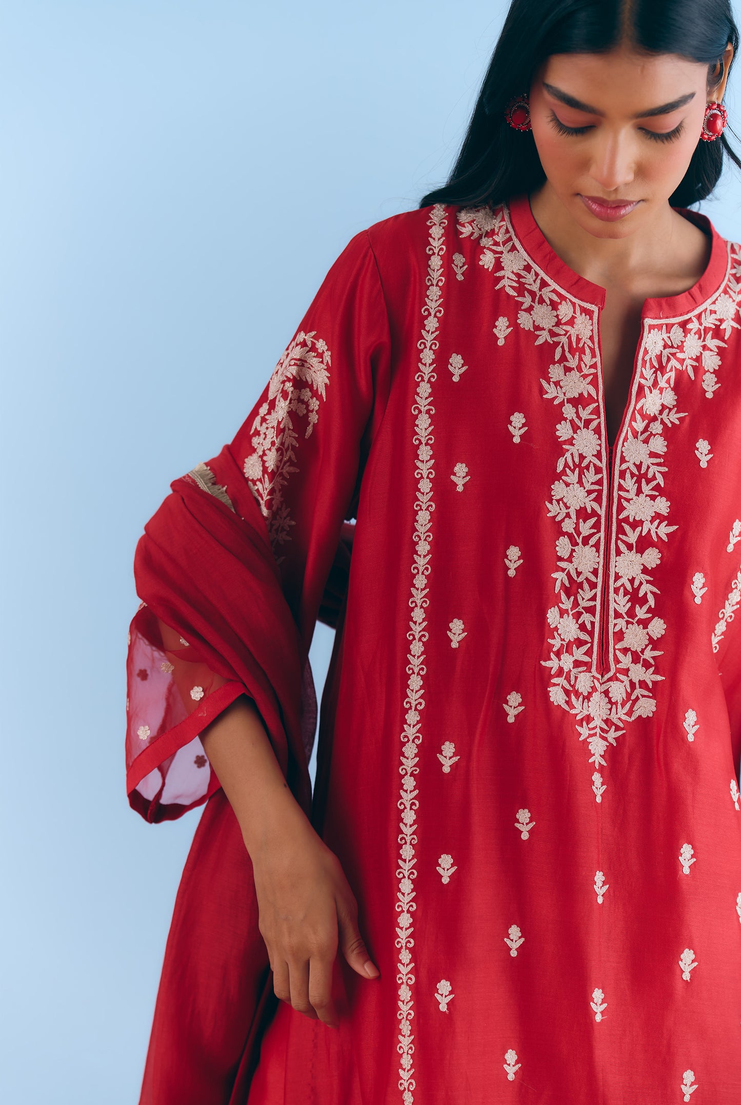 Red Silk Chanderi Kurta Set with White Thread & Pita Embroidery