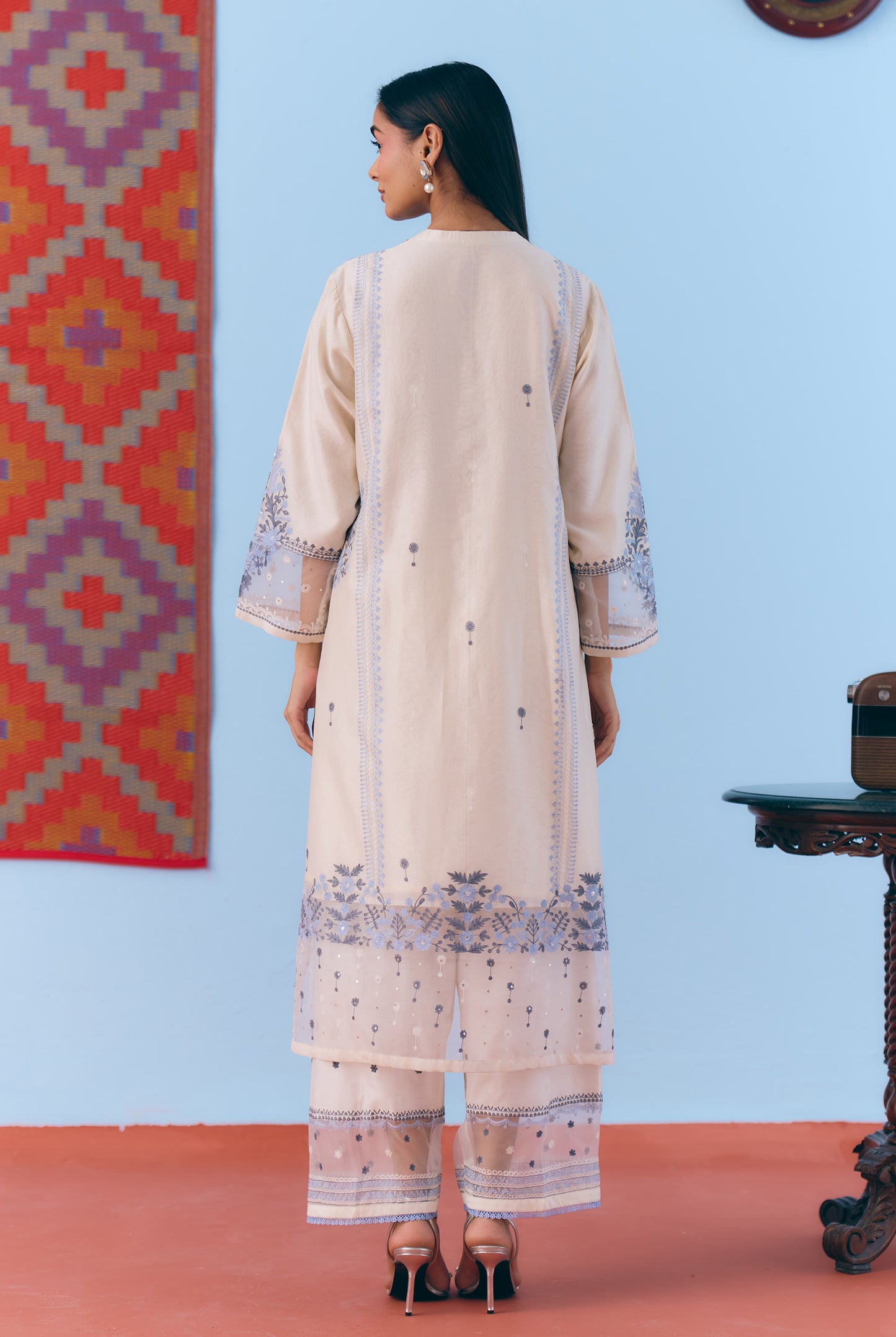 White Silk Chanderi Kurta Set with Blue Thread Embroidery
