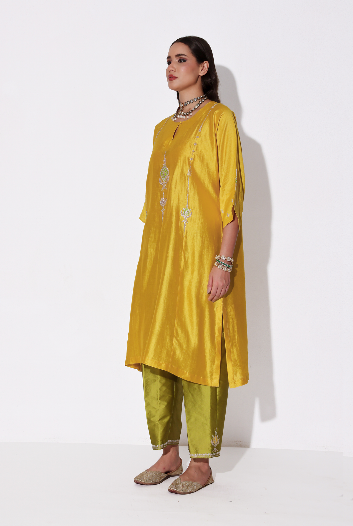 Yellow & Parrot Green Chiniya Silk Antifit Kurta Set