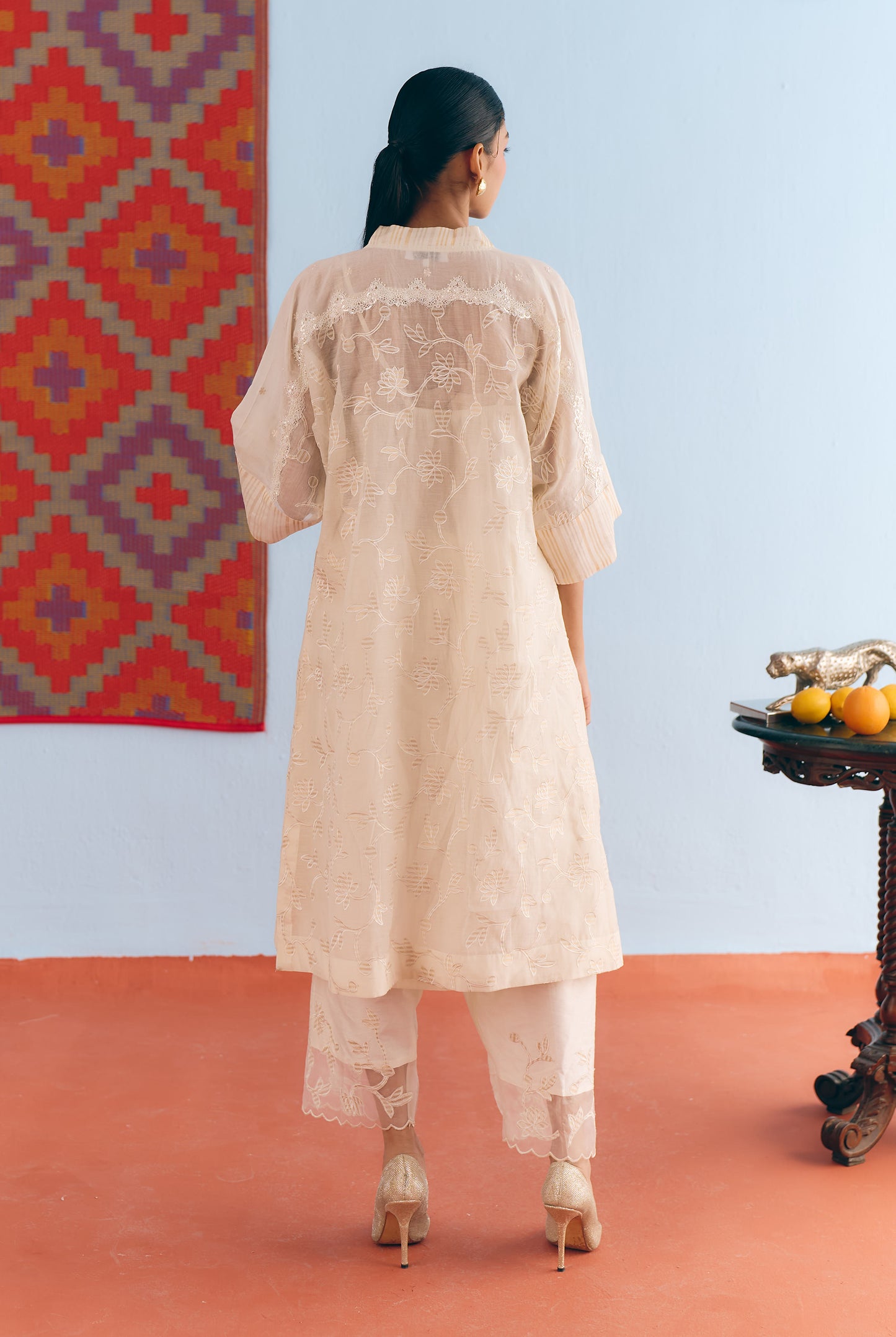 White Chanderi Antifit Co-ord with Dull Gold Tissue Appliqué