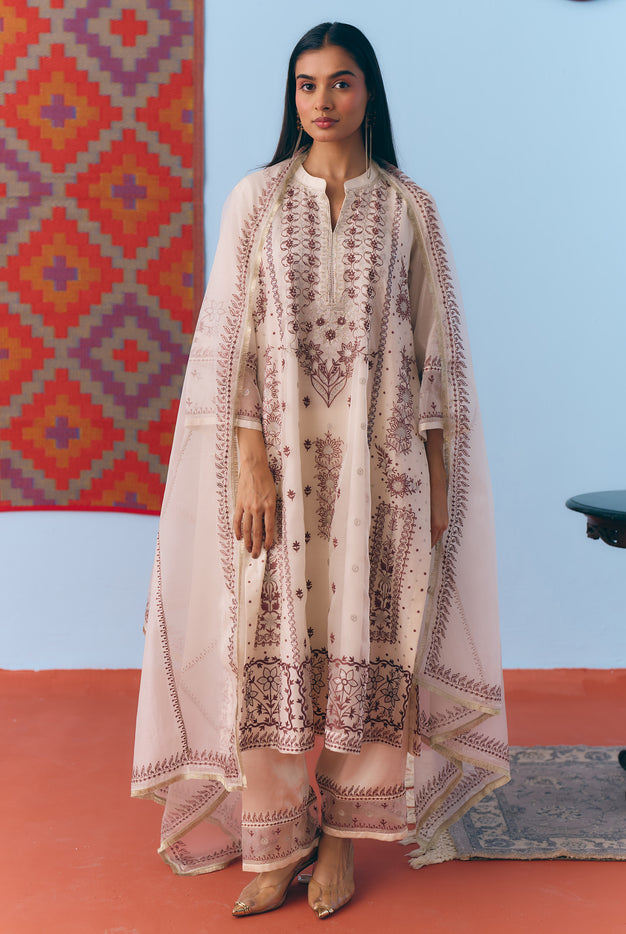 White Silk Chanderi Kurta Set with Brown Single Thread & Silver Zari Embroidery