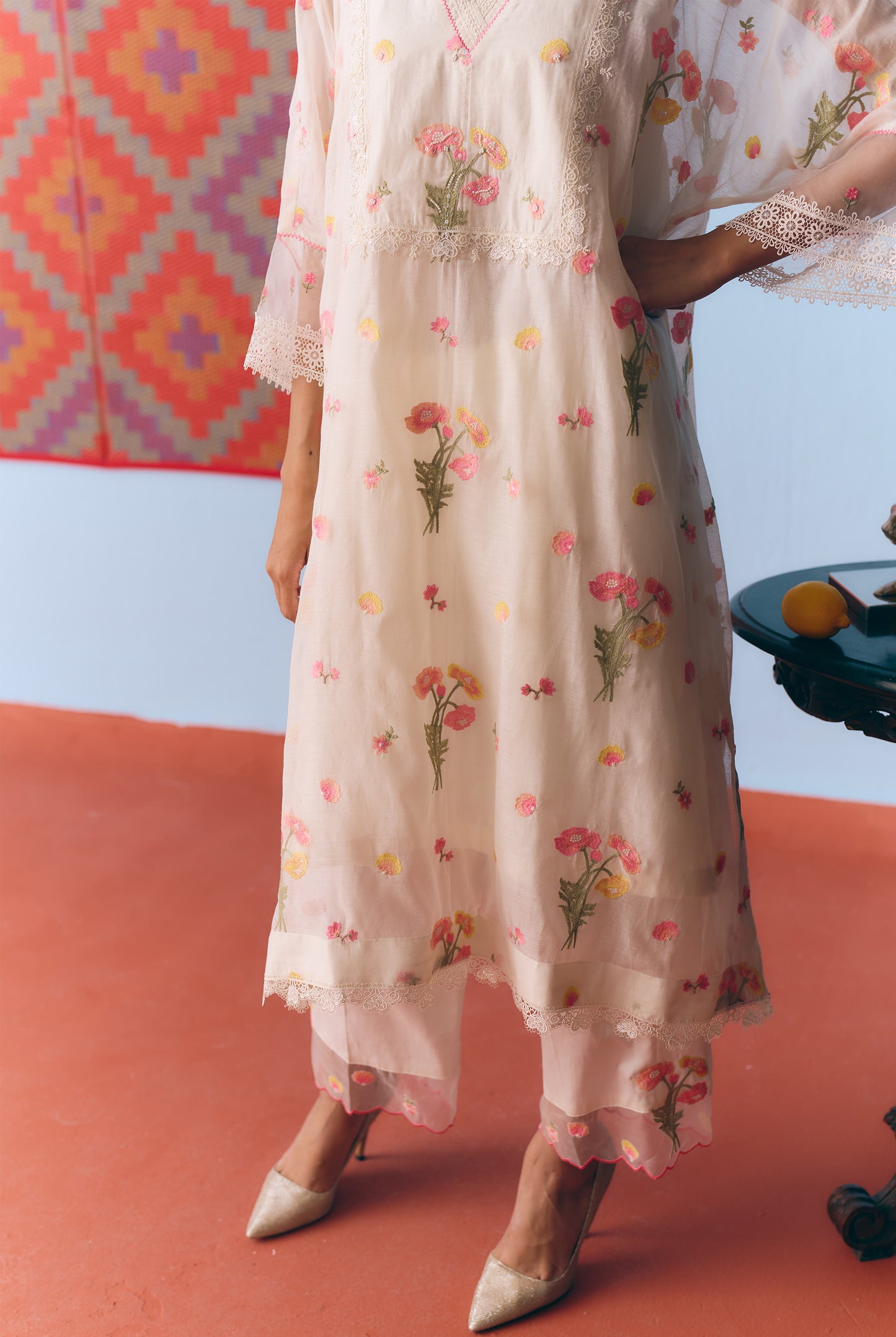 White Chanderi Antifit Co-ord with Thread, Lace & Bead Embroidery