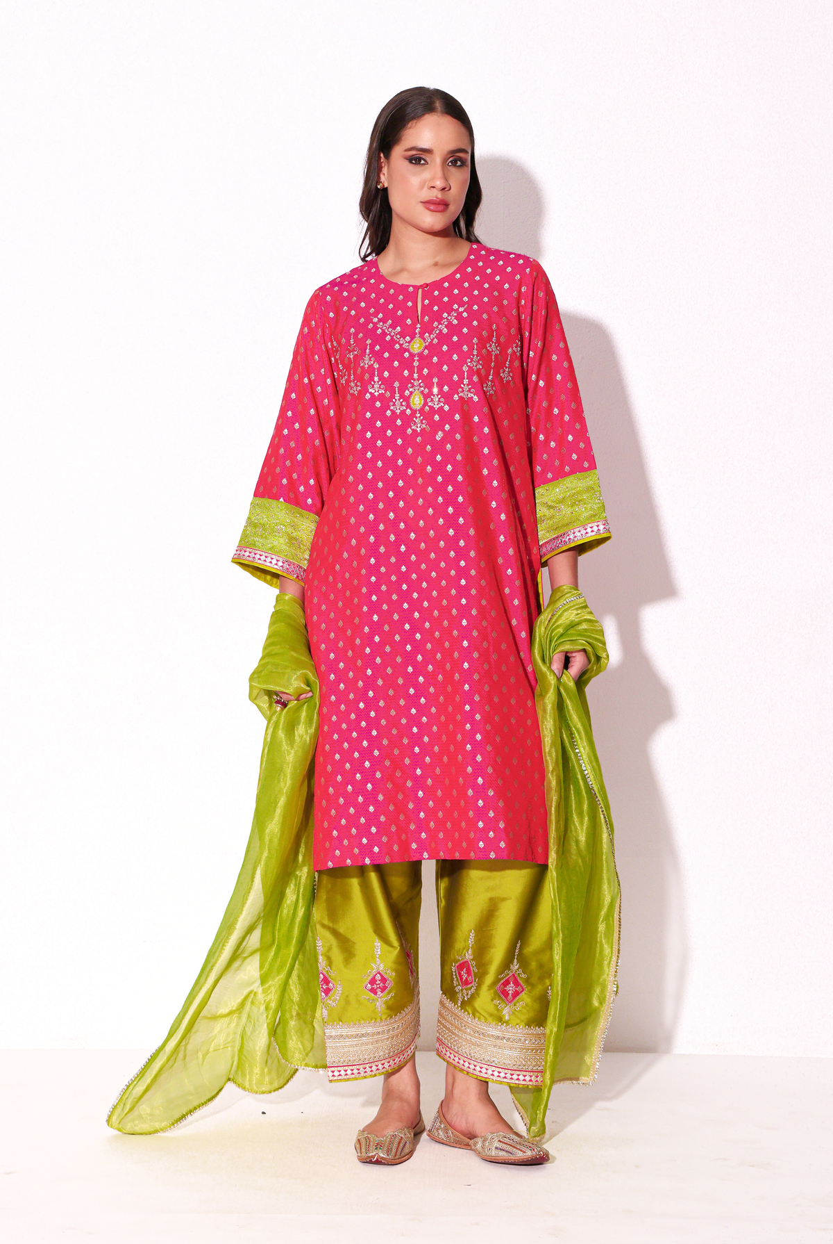 Fuchsia Banarasi Silk Kurta Set with Zari & Dabka Work