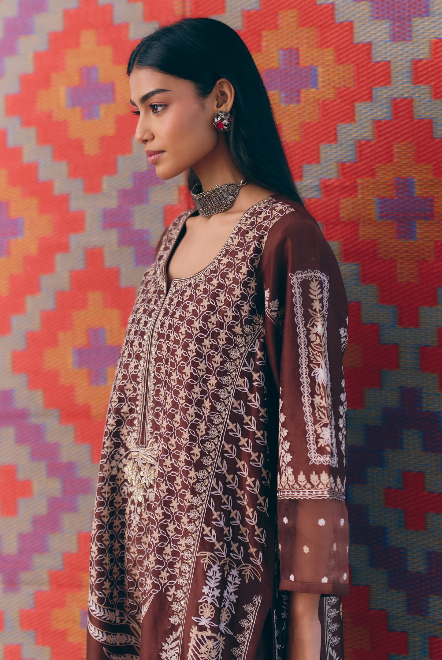 Brown Silk Chanderi Kurta Set with Single Thread & Zari Embroidery