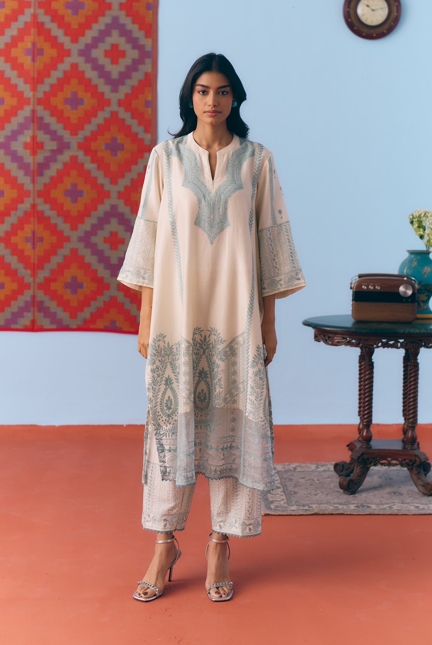 White & Light Blue Silk Chanderi Kurta Set with Thread Embroidery