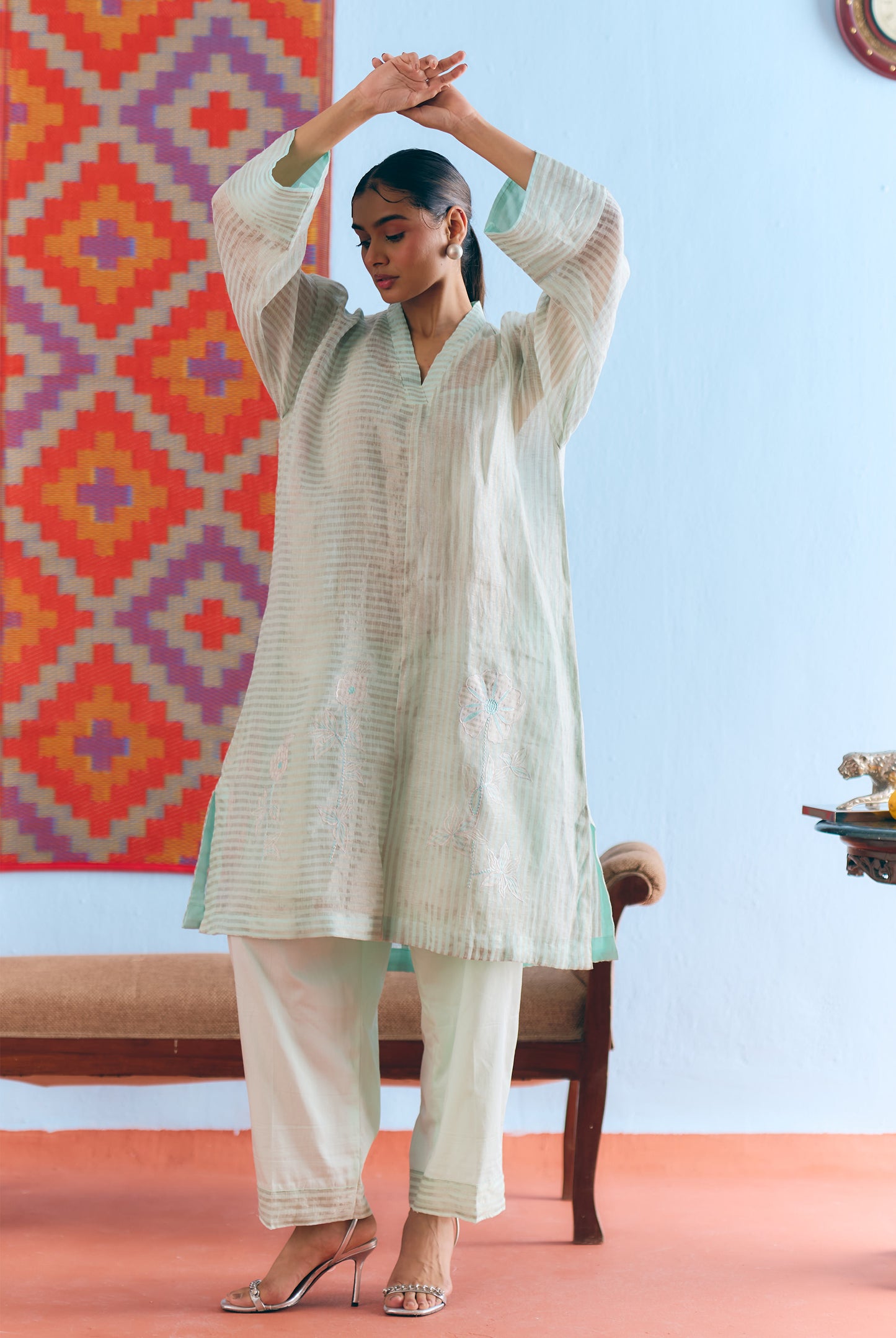 Sky Blue Handwoven Linen & Tissue Antifit Co-ord with Zari Patchwork