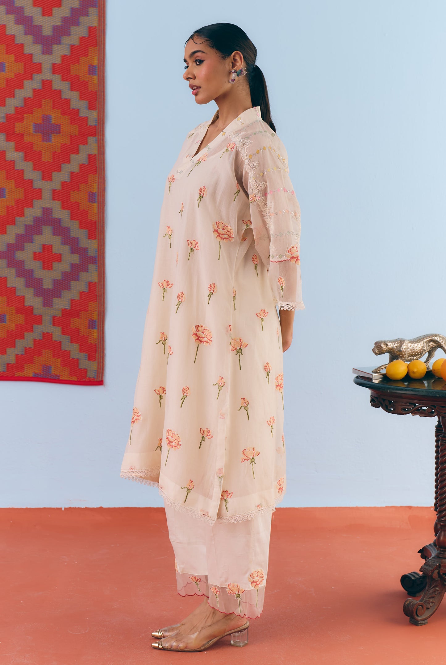 White Chanderi Antifit Co-ord with Pink Cross Stitch Embroider