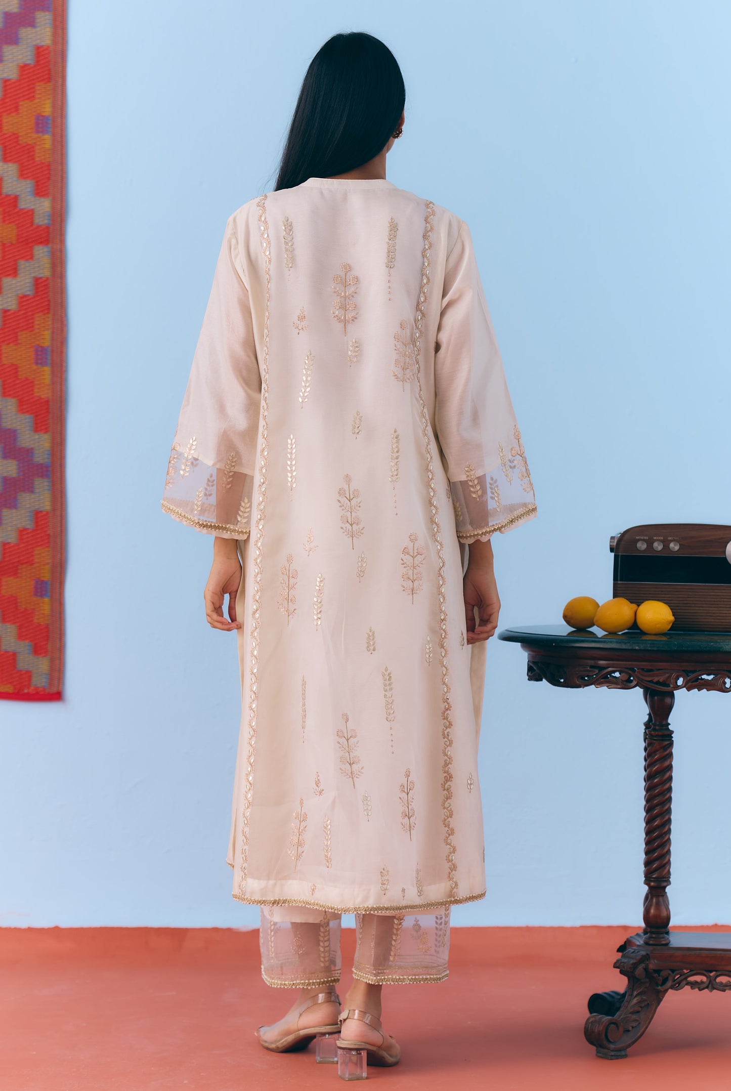 White Silk Chanderi Kurta Set with Gota, Dori & Zari Embroidery