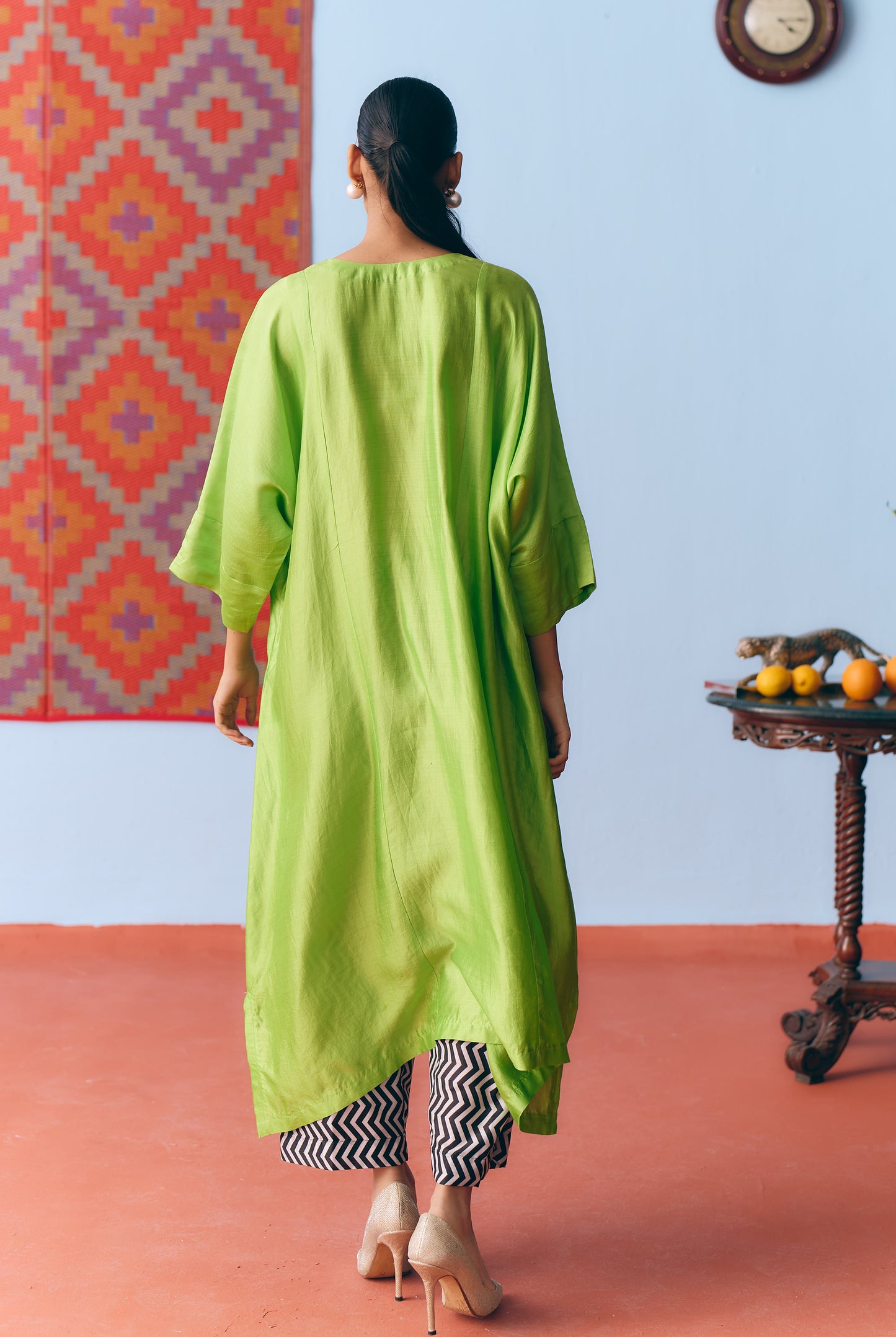 Lime Green Chinya Silk Antifit Co-ord with Zari & Chanderi Patchwork