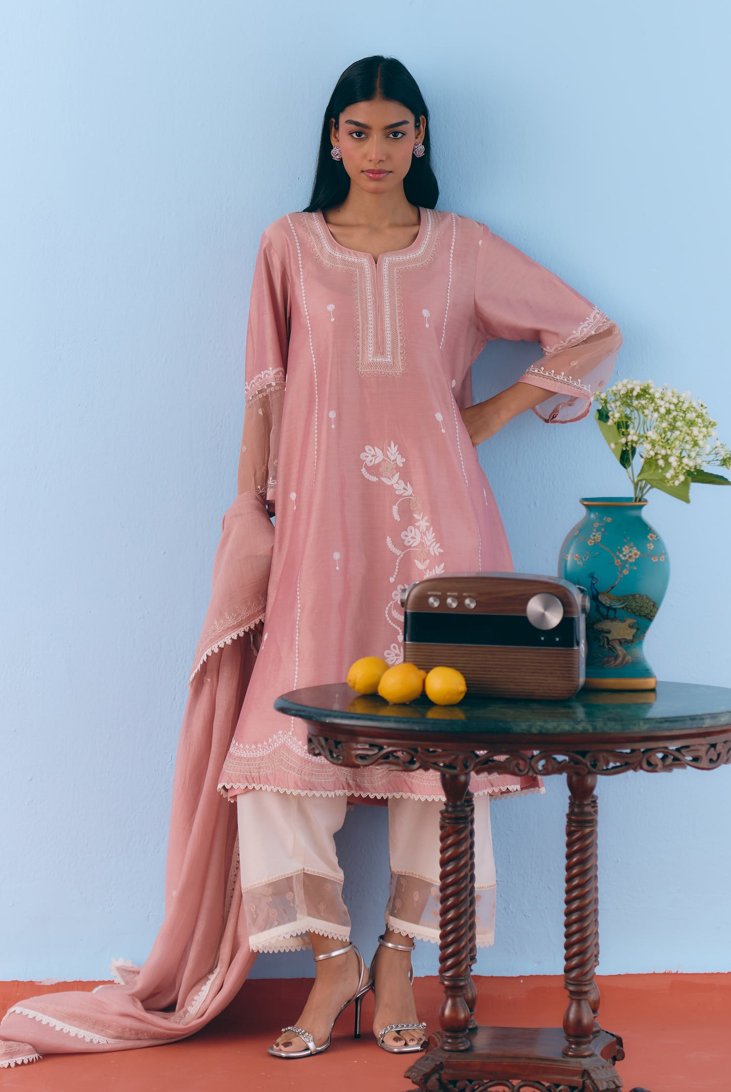 Dusky Pink Silk Chanderi Kurta Set with White Thread & Zari Embroidery