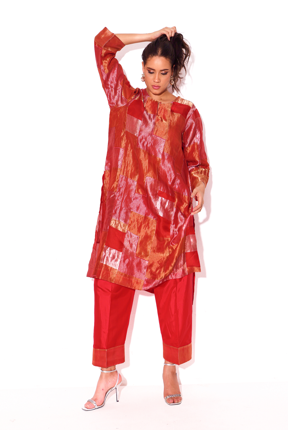 Scarlet Silk Tissue Patchwork Kurta Set