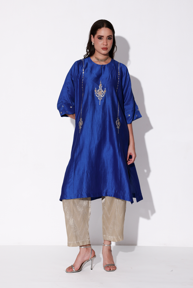 Indigo Blue Chiniya Silk Antifit Kurta Set