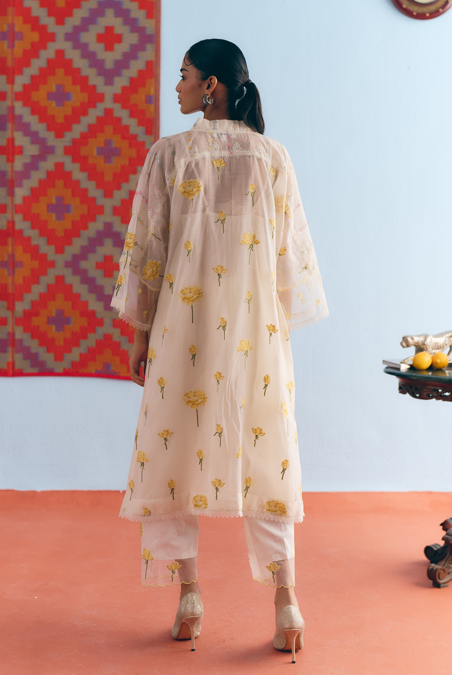 White Chanderi Antifit Co-ord with Yellow Cross Stitch Embroidery