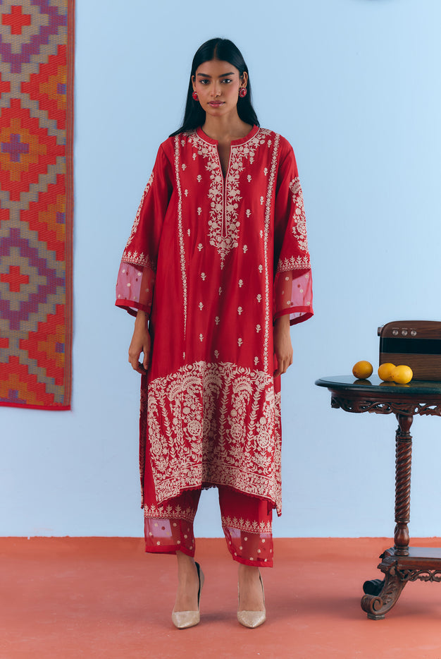 Red Silk Chanderi Kurta Set with White Thread & Pita Embroidery