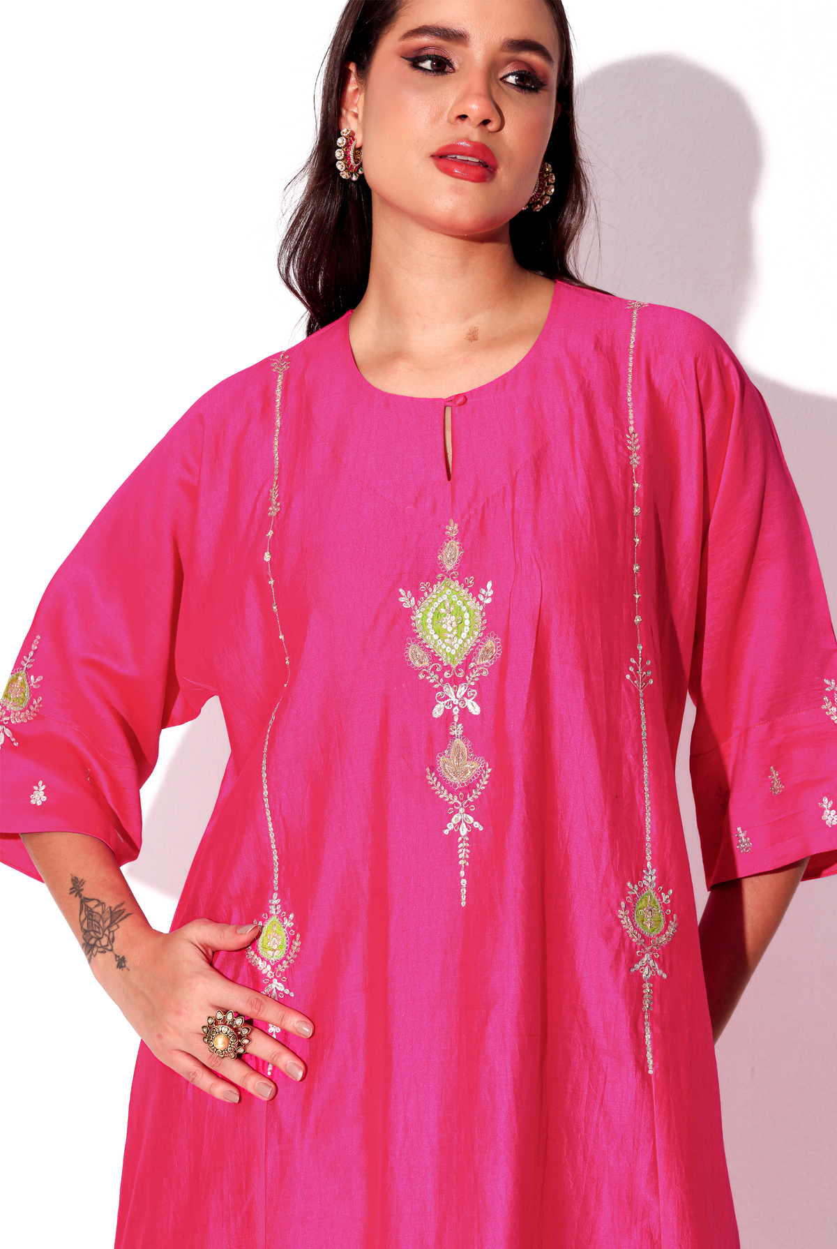 Fuchsia & Parrot Green Chiniya Silk Antifit Kurta Set