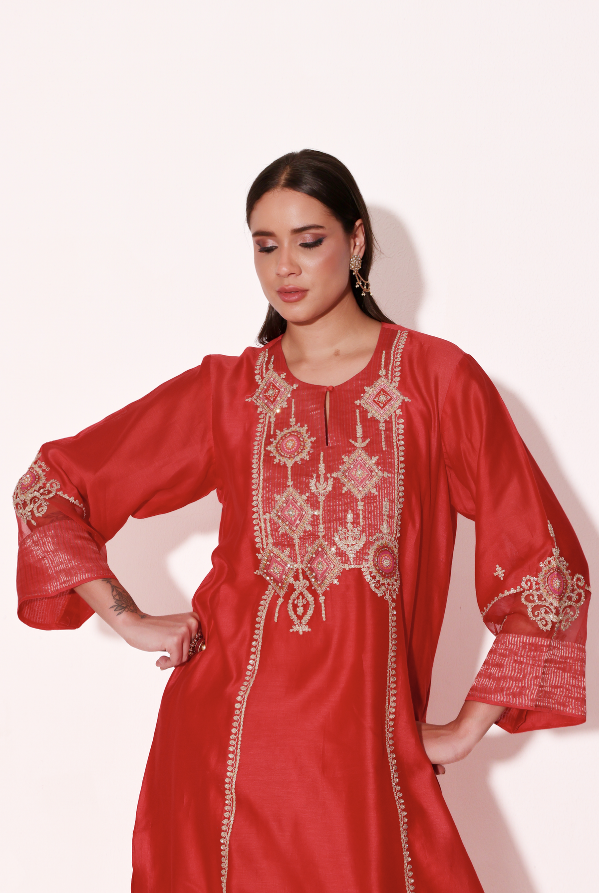 Red Silk Chanderi Kurta Set with Dabka & Dori Embroidery