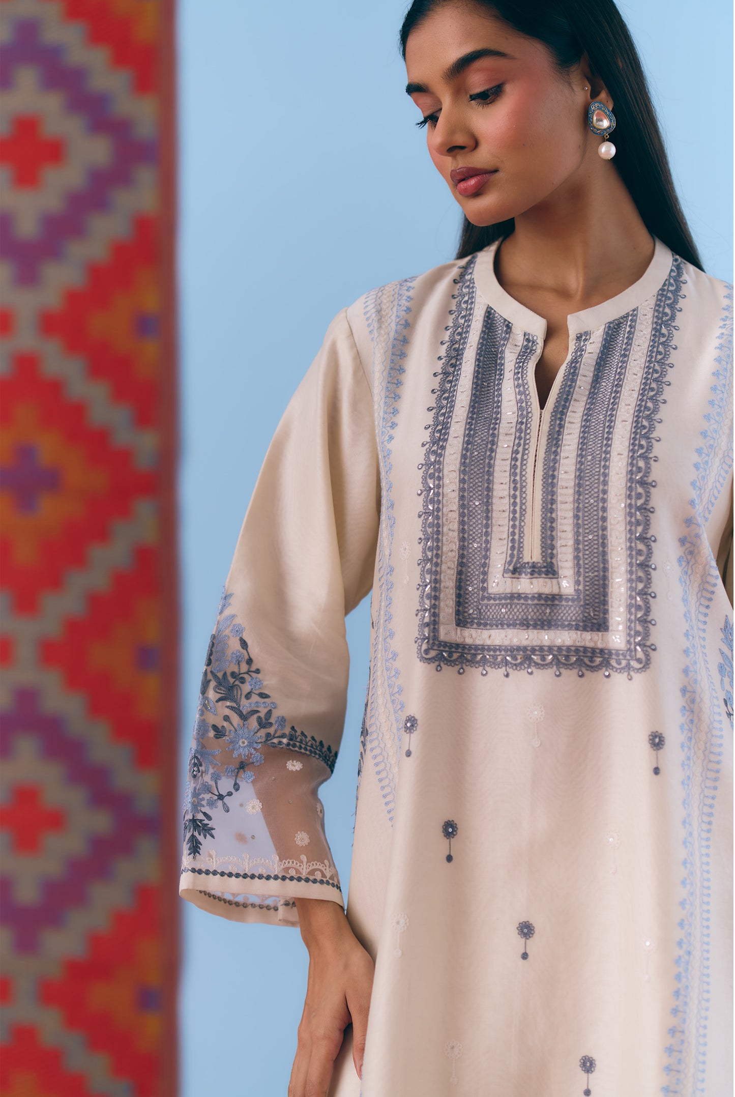 White Silk Chanderi Kurta Set with Blue Thread Embroidery